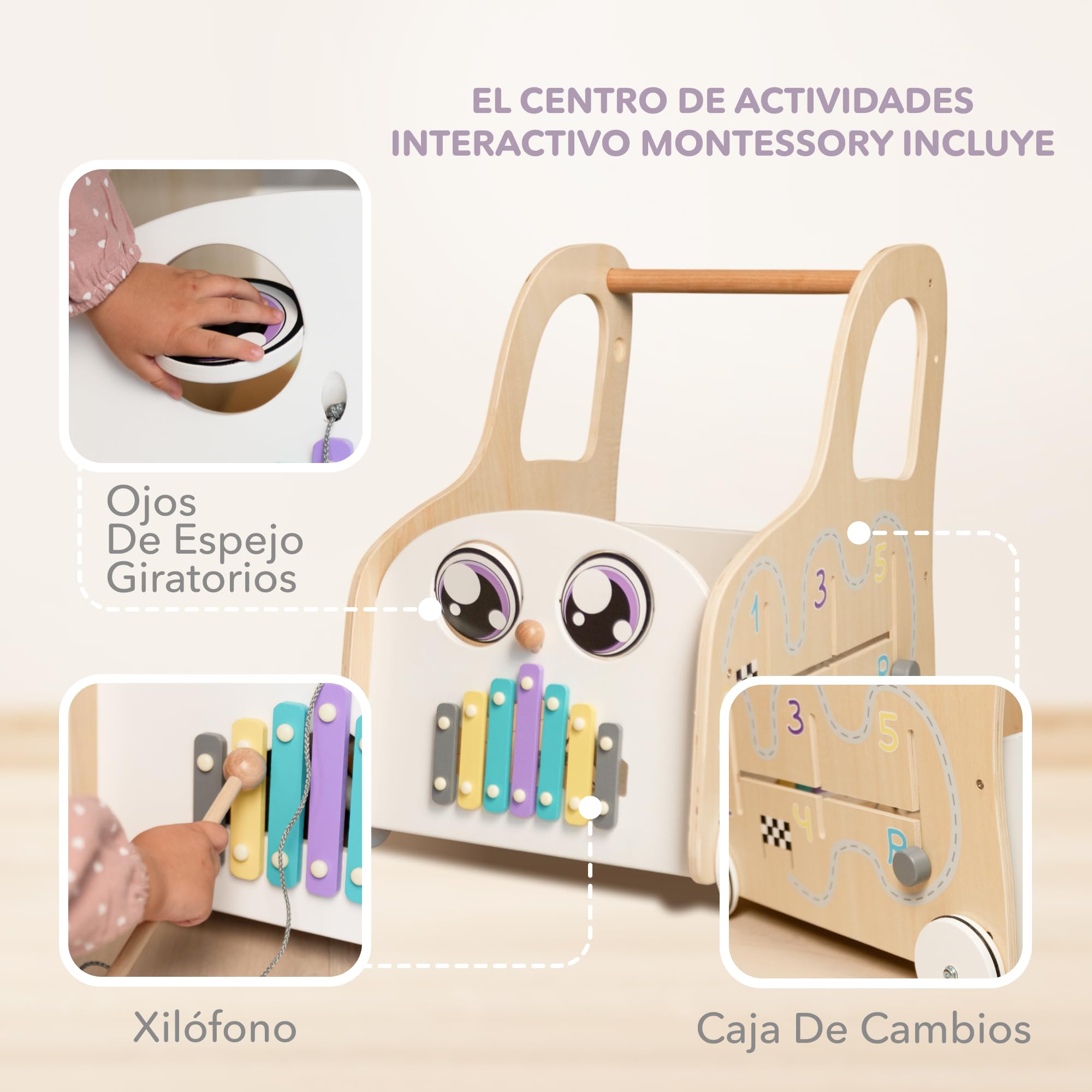 Carrito de Madera Cateam con Tablero de Actividades Montessori - Juguete de Empujar y Tirar Centro de Actividades Educativas con Almacenamiento para Juguetes - Banco de Trabajo con Ruedas