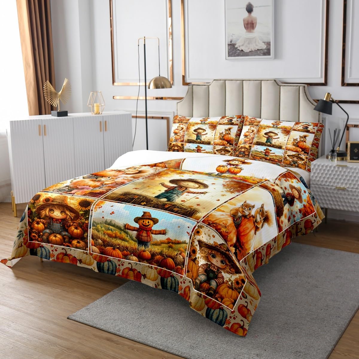 Fall Scarecrow Quilts Set,Retro Autumn Pumpinks Squirrel 3Pcs Bedspread Bedding Sets,Farmhouse Sunflowers Bed Cover Set,Vintage Geometric Patchwork Bedspread Coverlet with 2 Pillowcases (Queen Size)