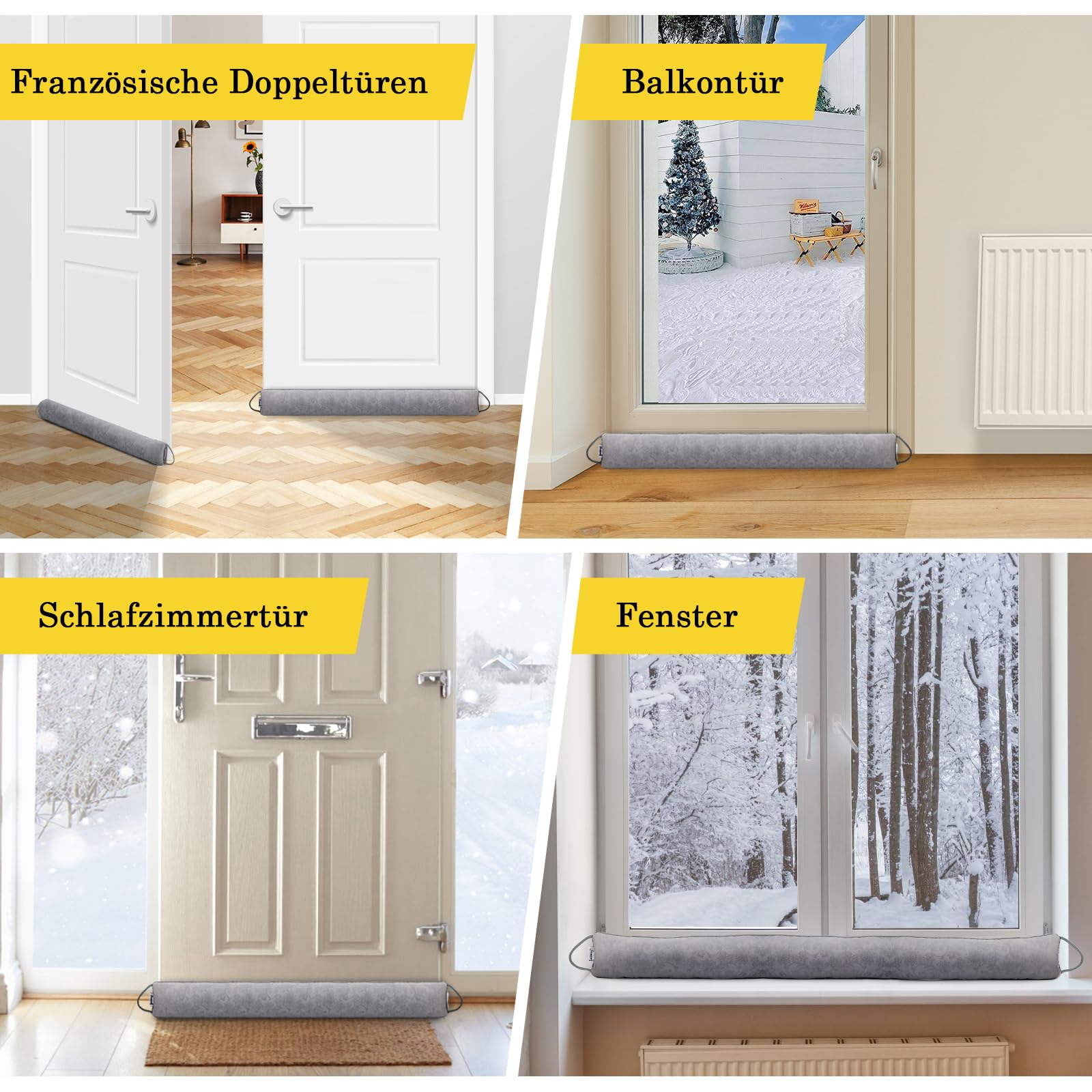 fowong Zugluftstopper für Türen 97x10 cm, Türdichtung zugluftstopper Extra Schwere-Waschbar-Isolierung, Fensterdichtung Luftstopper mit Selbstklebende Klebeband, Kalt Luft Insekt Licht Blockiert,Grau