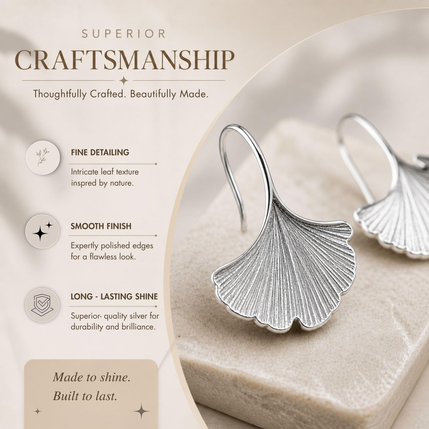 SOVATS Orecchini pendenti Ginkgo in Argento Sterling 925, Placcati in Rodio, Design minimalista, Senza nichel, Ipoallergenici, Elegante gioiello per donna