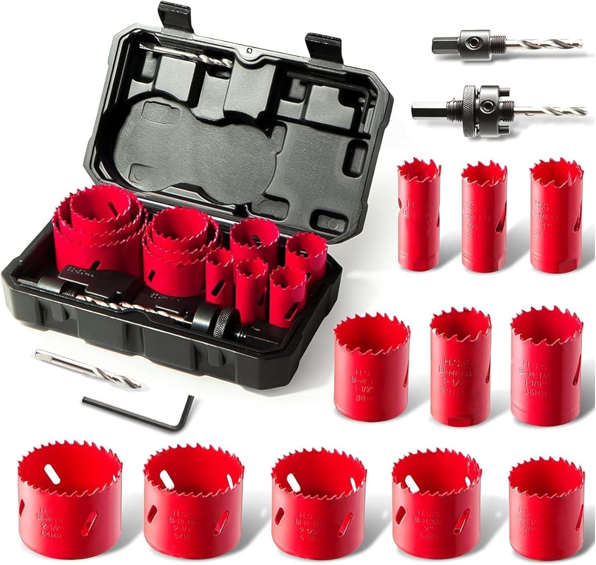 Bi-Metal Hole Saw Kit, HYCHIKA 17 Pcs High Speed Steel 3/4" to 2-1/2" Hole Saw Set in Case with Mandrels, Hole Saw Bit for Metal, Drilling PVC Board,and Plastic Plate