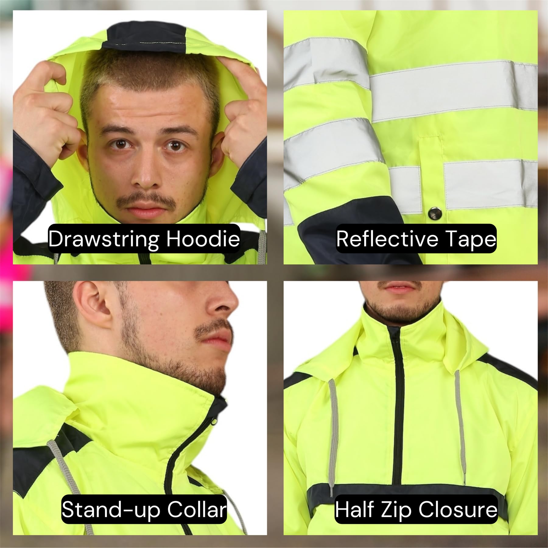 Męski kombinezon przeciwdeszczowy Hi Vis, robocza kurtka ostrzegawcza z kapturem, wodoodporne spodnie, elastyczna talia, zestaw odzieży przeciwdeszczowej