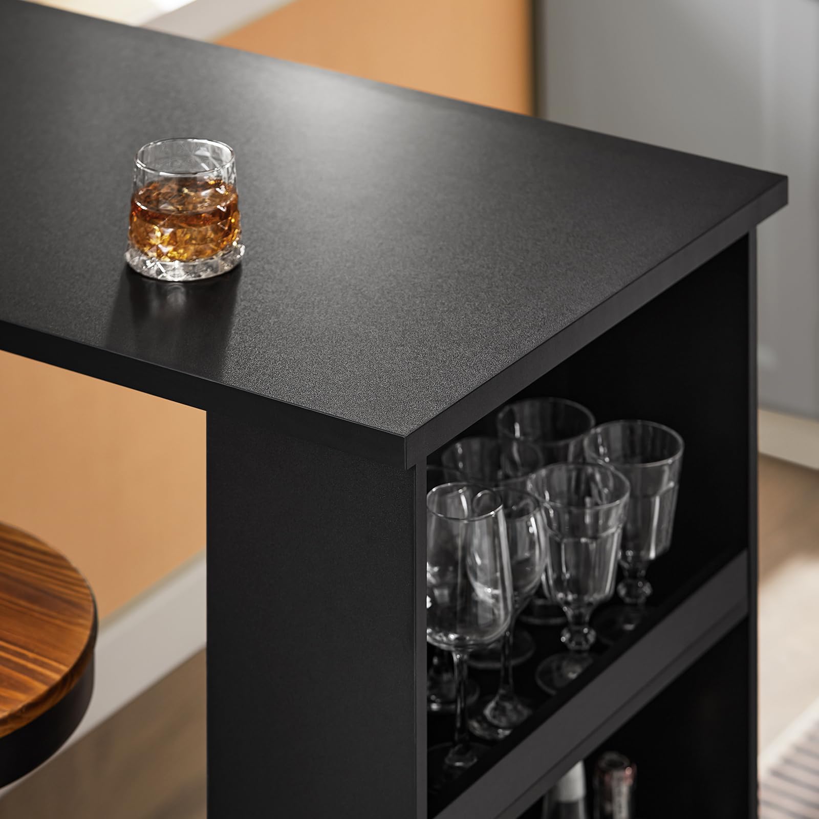 SoBuy Küchentheke Bartisch mit 3 Ablageflächen, Stehtisch für Kleine Räume, Hoher Tresentisch für Küche, Wohnzimmer oder Büro Schwarz 112 x 106 x 57 cm FWT17-II-SCH