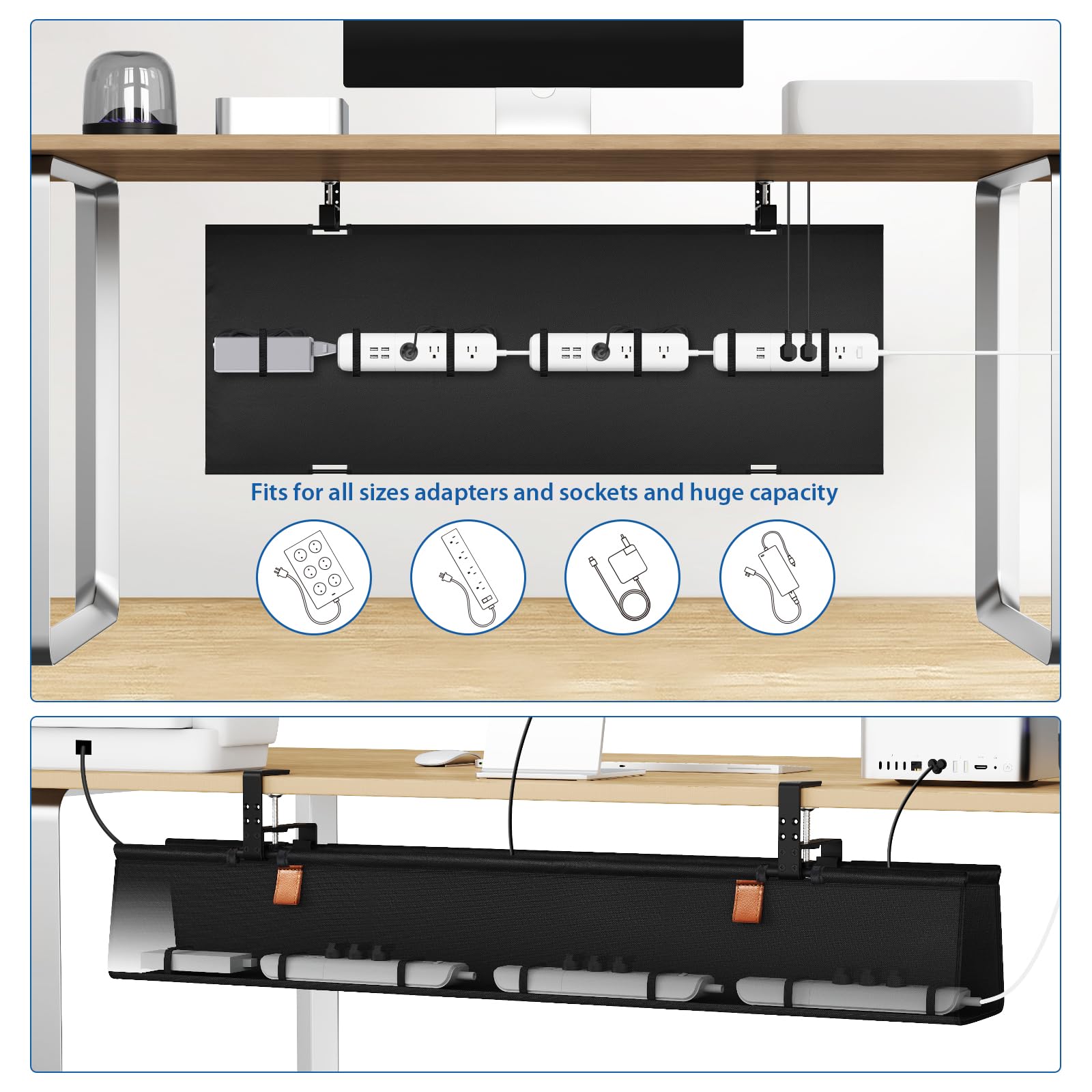 Zilink Kabelmanagement-Tablett ohne Bohren unter dem Schreibtisch, 101,6 cm, Kabel-Organizer für Tischklemme/Schraubbefestigung, Premium-Stoff-Kabelmanagement-Tablett für Zuhause, Büro