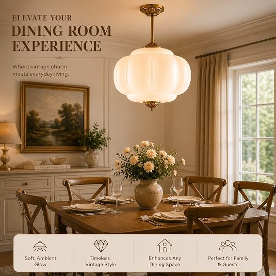 Bofea-Vintage Gold Milk Glass Pendant Light Fixture,15 White Pleated Glass Chandelier,Antique Pendant Lights Kitchen Island, Semi-Flush Mount Ceiling Light for Dining Room Living Room Foyer