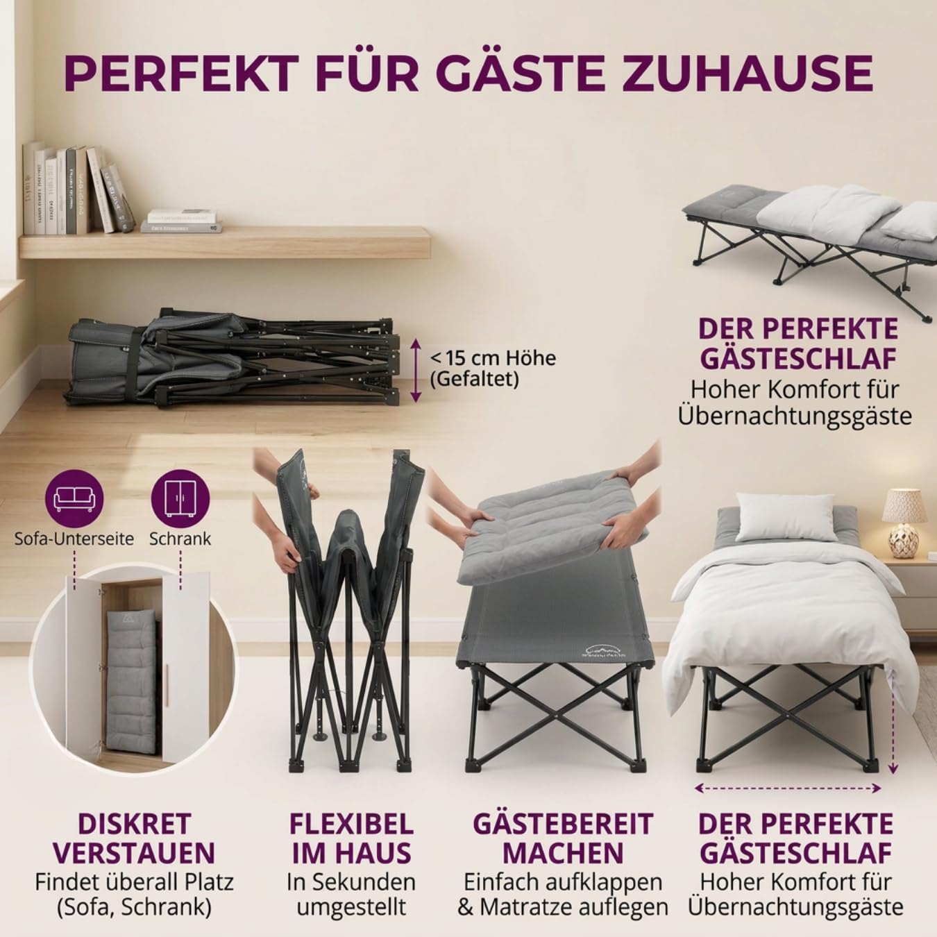 GOALPINE® OASE | Feldbett Groß mit Matratze [Wildtierleder Imitat] & Kissen | für Camping | klappbar | Campingbett XXL | als Gästebett und im Garten nutzbar | 1 Person bis zu 200 kg | extra breit