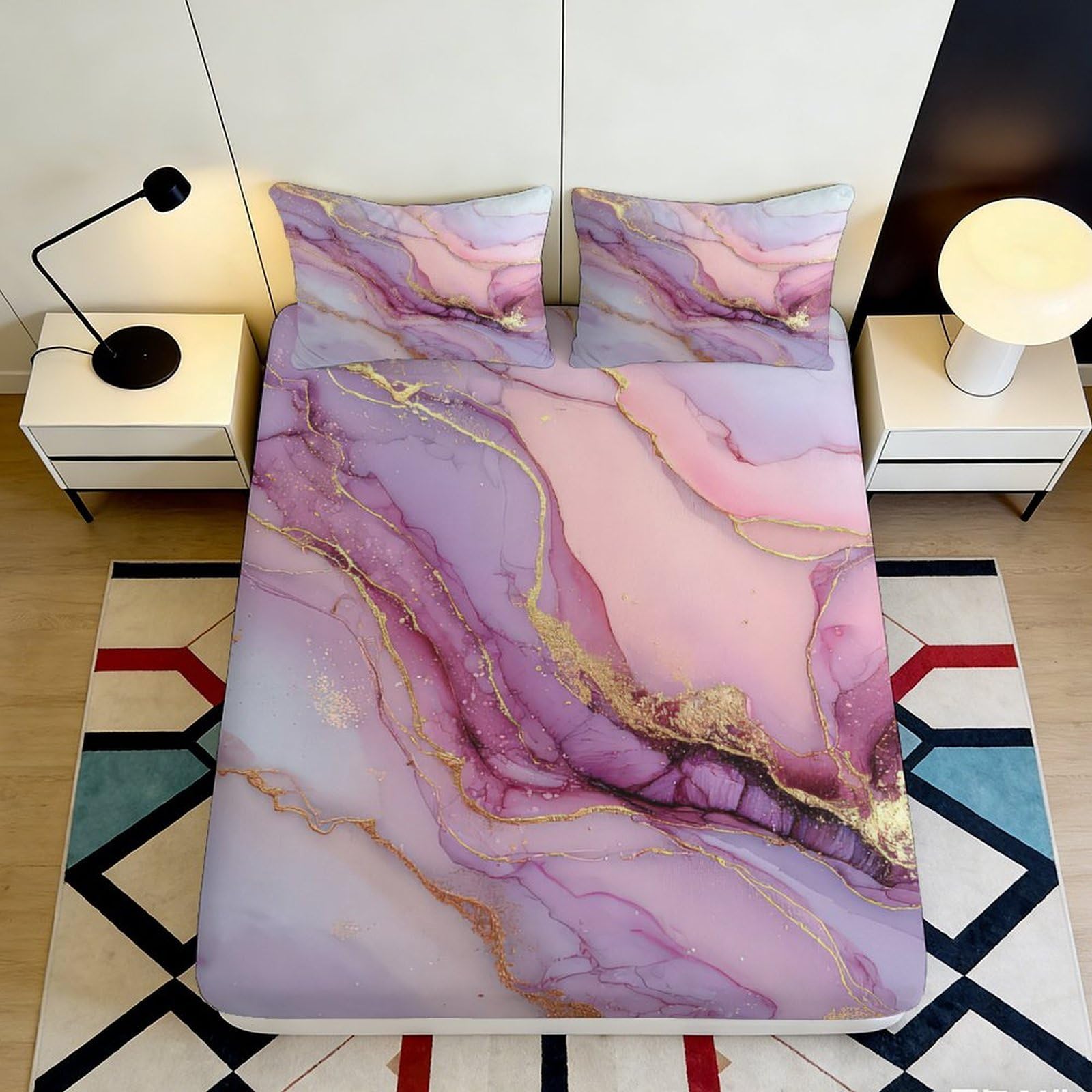 3D Printed Pink Marble Fitted Sheet Microfiber Soft Non-Slip Bed Cover for Bedroom Dorm Artistic Protection Decor 90x200x25cm