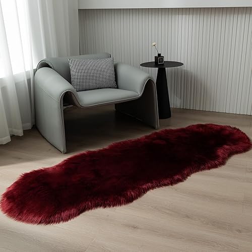 Miniatura 3 de Alfombra de piel sintética de 2 x 6 pies, color borgoña, lavable a máquina, súper suave, esponjosa, alfombra de piel de oveja mullida para
