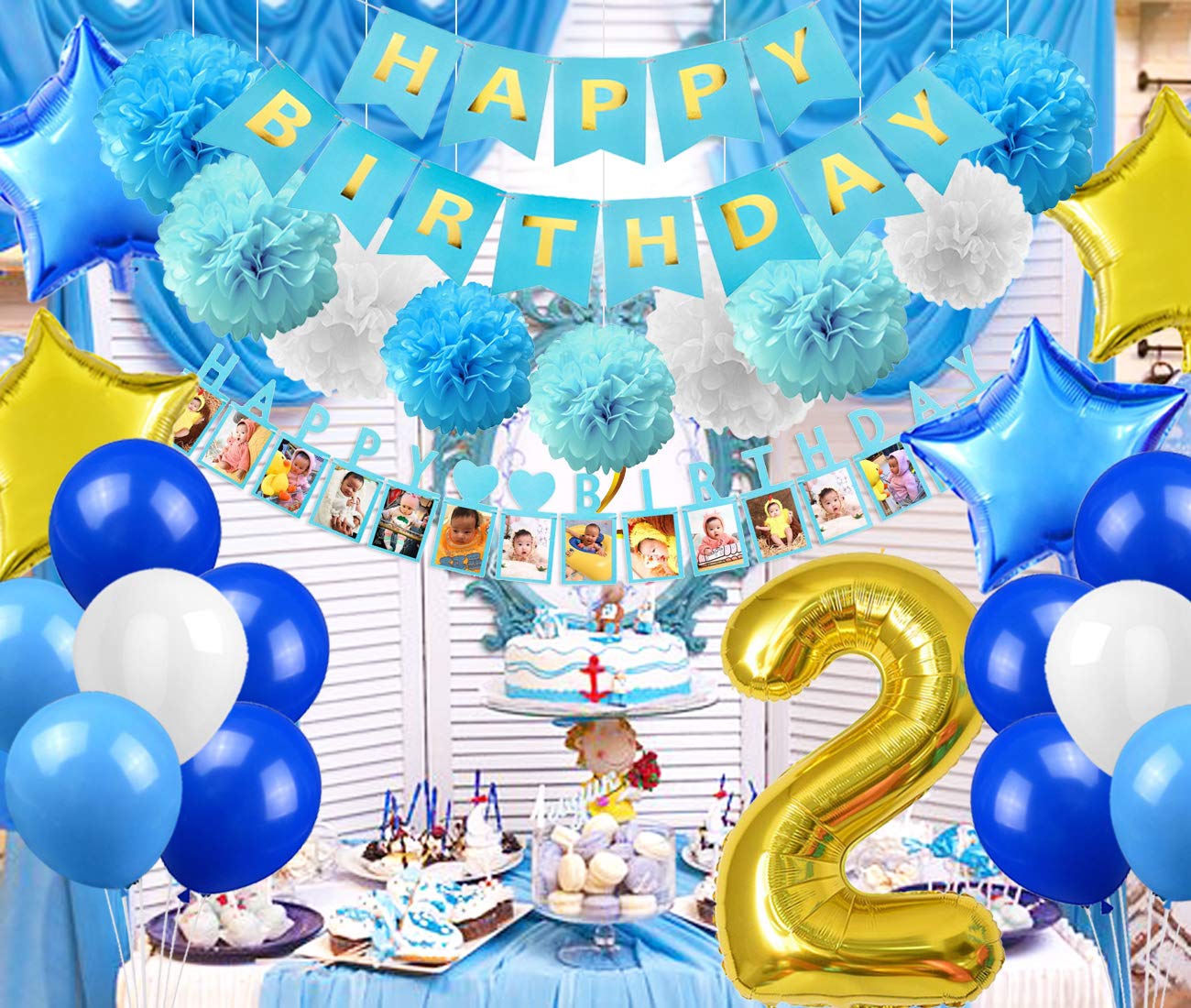 Amazon.co.jp: 2歳 誕生日飾り付け セット 数字2 ブルー スター 風船