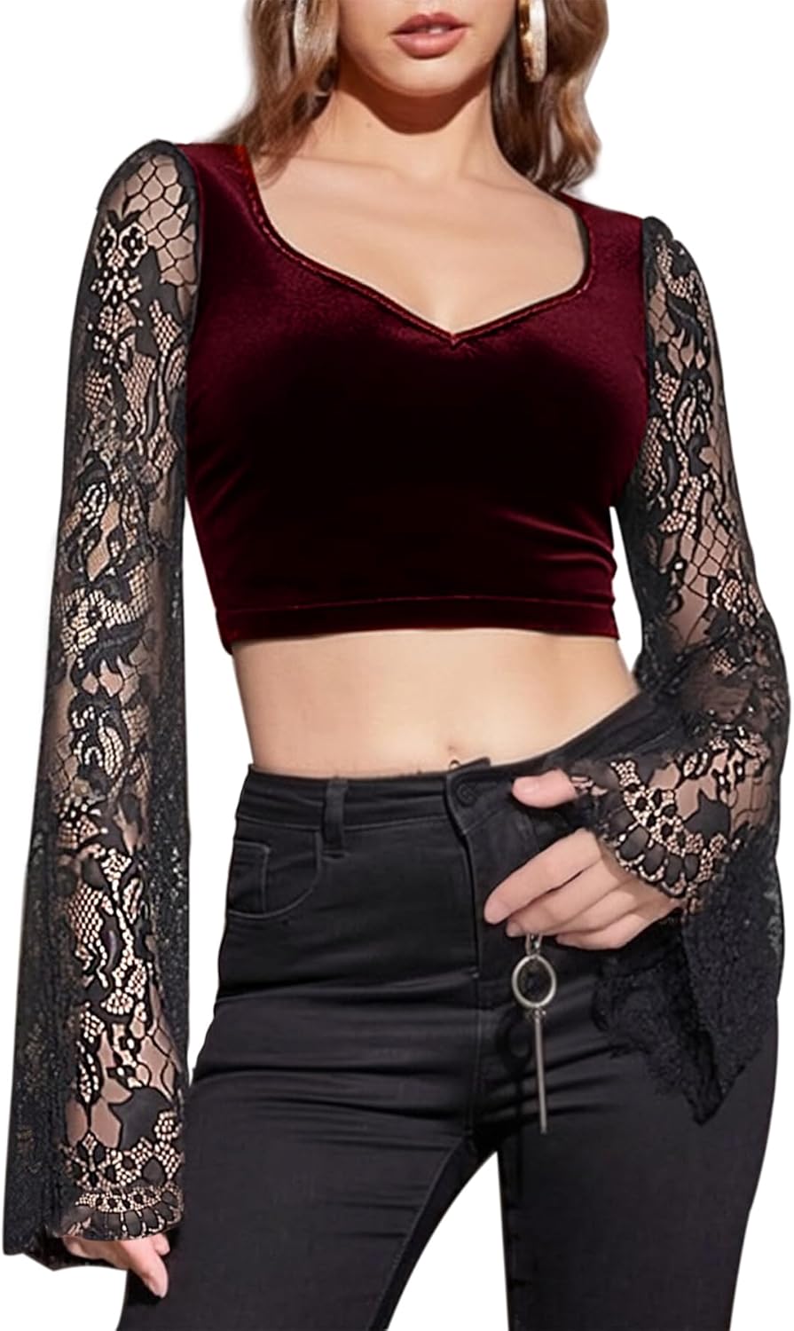 TSMNZMU Womens Gothic Crop Tops - Velvet Lace Long Sleeve V Neck Shirt - Dark Grunge Punk Style