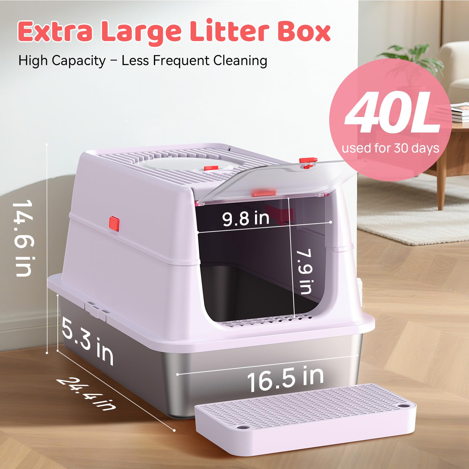 Stainless Steel Cat Litter Box with Lid, 180° Flip Top Kitty Litterbox, XL High Sided Enclosure Litter Pan for Big Cats, Front & Top Entry, Odor-Free, Includes Scoop Mat, Purple Pink - image 5