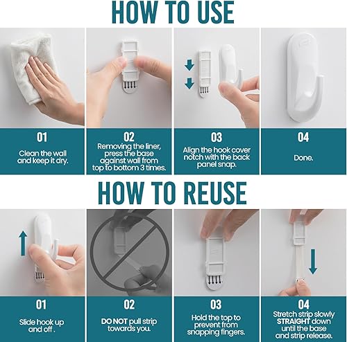 Miniatura 9 de TAILI Ganchos para colgar, 6 ganchos adhesivos de plástico y 8 tiras adhesivas, ganchos blancos para pared pintada, sin daños, resisten hasta 3