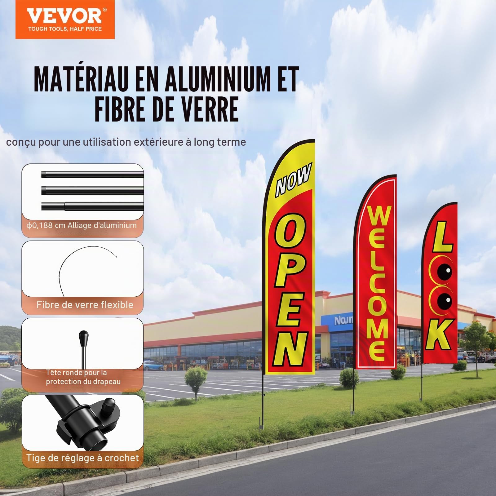 VEVOR Kit mâts de drapeau avec drapeaux plumes publicitaires, 3 drapeaux LOOK/OPEN/WELCOME, 3 poteaux, 3 piquets de sol, hauteur totale 498,5 cm pour entreprises, événement sportif, activité promo