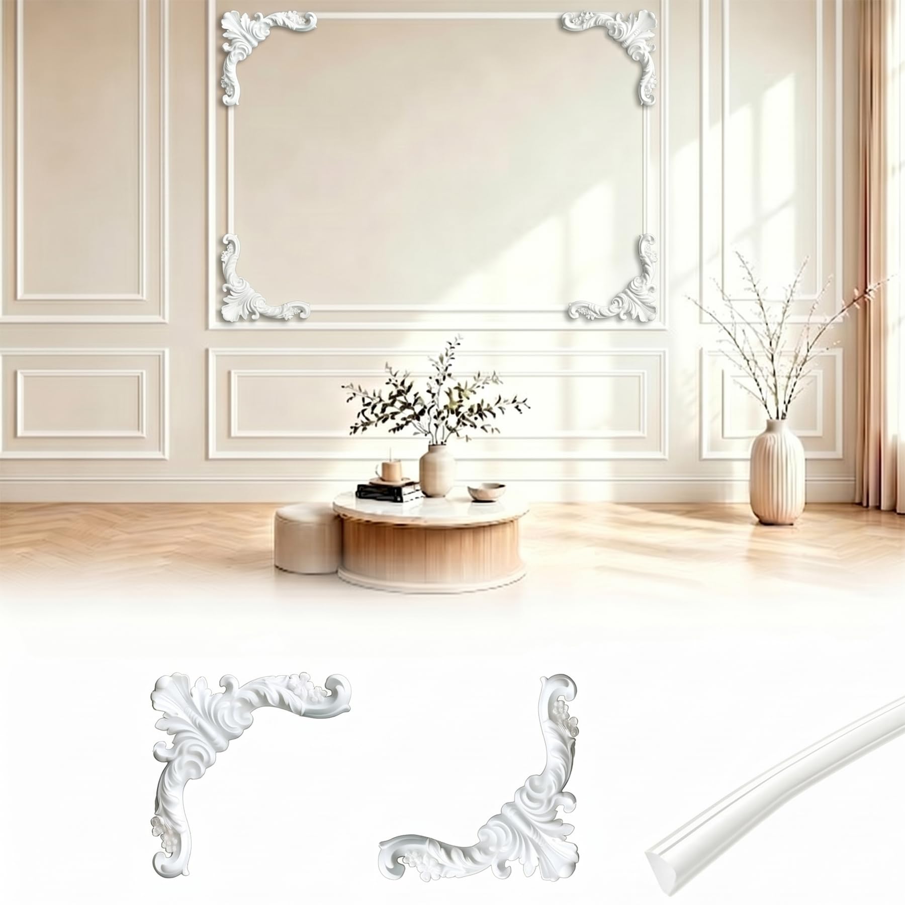 Moldura Decorativa De Pared con 2 Esquineros Kit De Molduras Flexibles De PVC Y PU para Techo Y Pared Pintable Diseño Clásico para Decoración De Interiores Style O,S