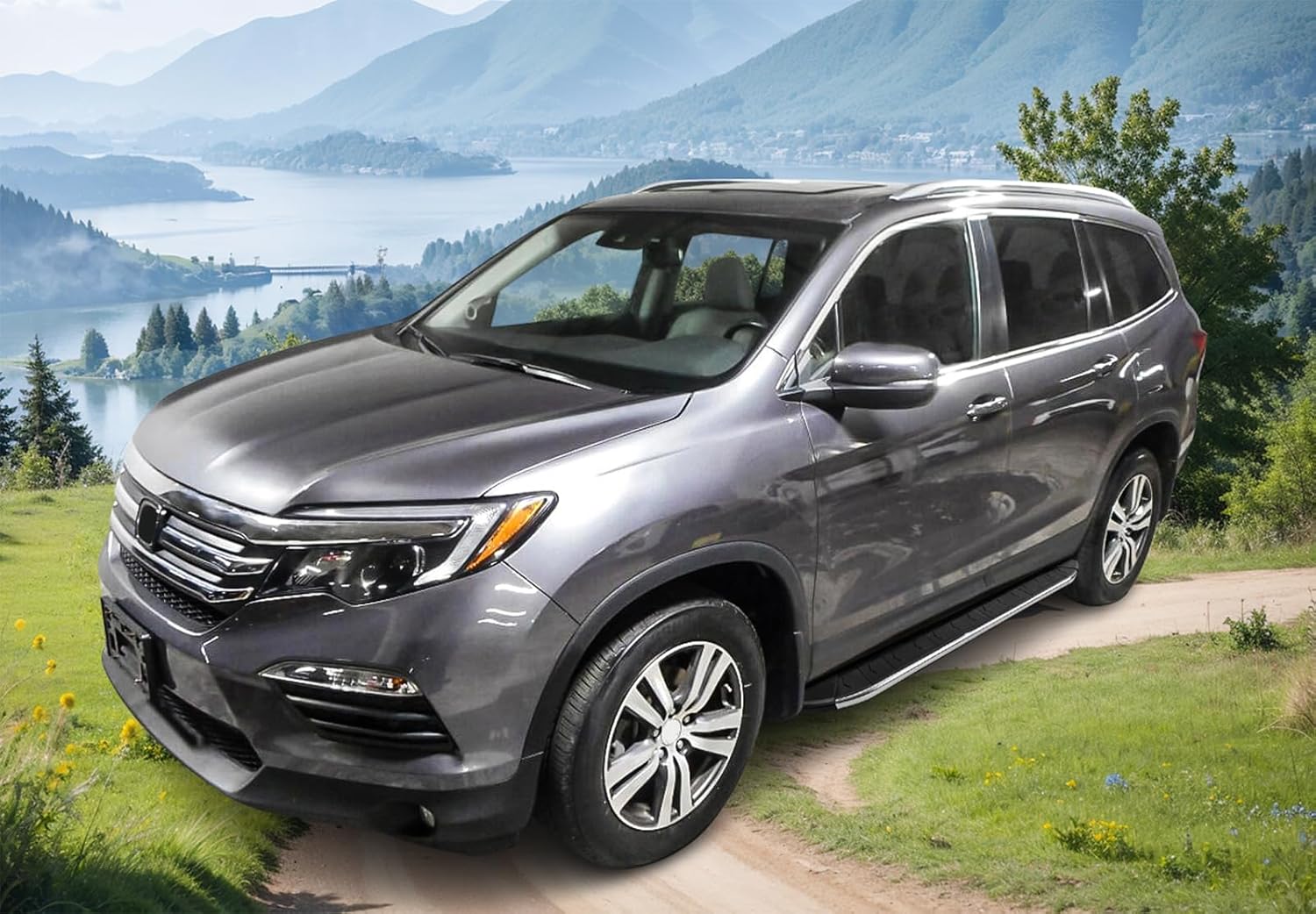 IKON MOTORSPORTS, Running Board Compatible with 2016-2022 Honda Pilot, Factory Style Black Side Step Nerf Bar Pair Aluminum, 2017 2018 2019 2020 2021