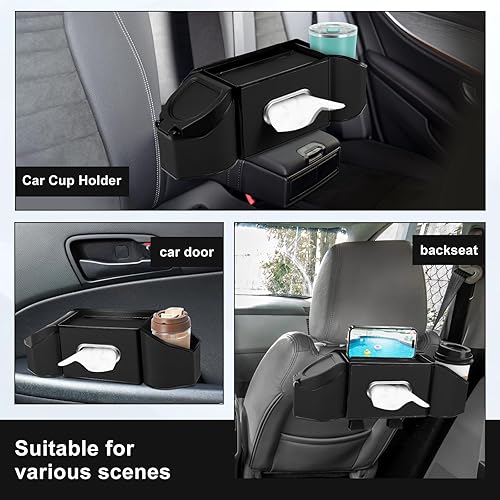 Miniatura 6 de Organizador de respaldo de asiento de automóvil 7 en 1 con portavasos, caja de pañuelos, cubo de basura y ganchos, organizador de almacenamiento