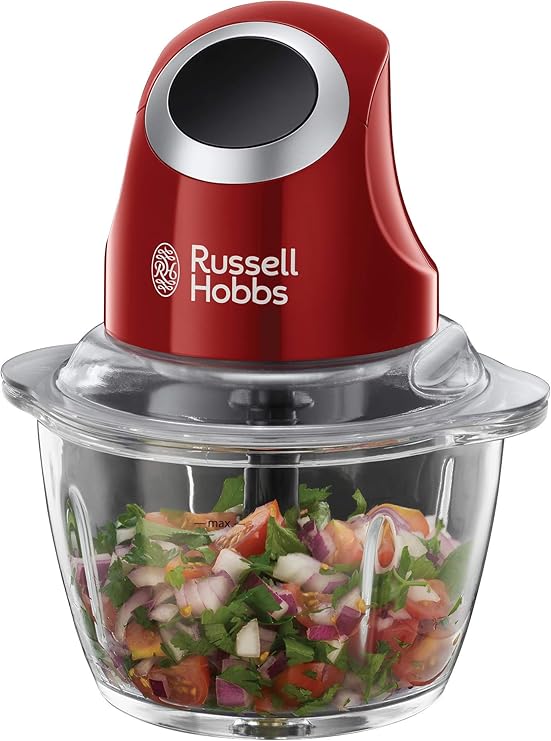 Russell Hobbs Mini tritatutto elettrico [contenitore in vetro con coperchio] Desire Red (500 ml, trituratore di verdure, mixer, trituratore multiuso e universale per verdura, frutta e carne) 24660-56
