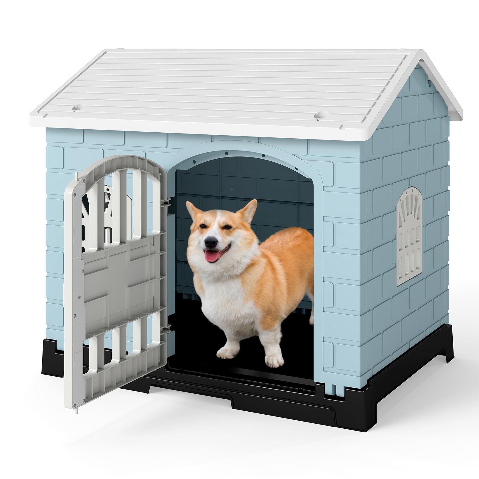 GOPLUS Caseta para Perros de Plástico, Casa para Perro con 3 Ventanas, Puerta con Cerradura, Techo Inclinado, Bandeja Extraíble, Perrera Interior Exterior para Perros Pequeños Medianos Patio (Azul)