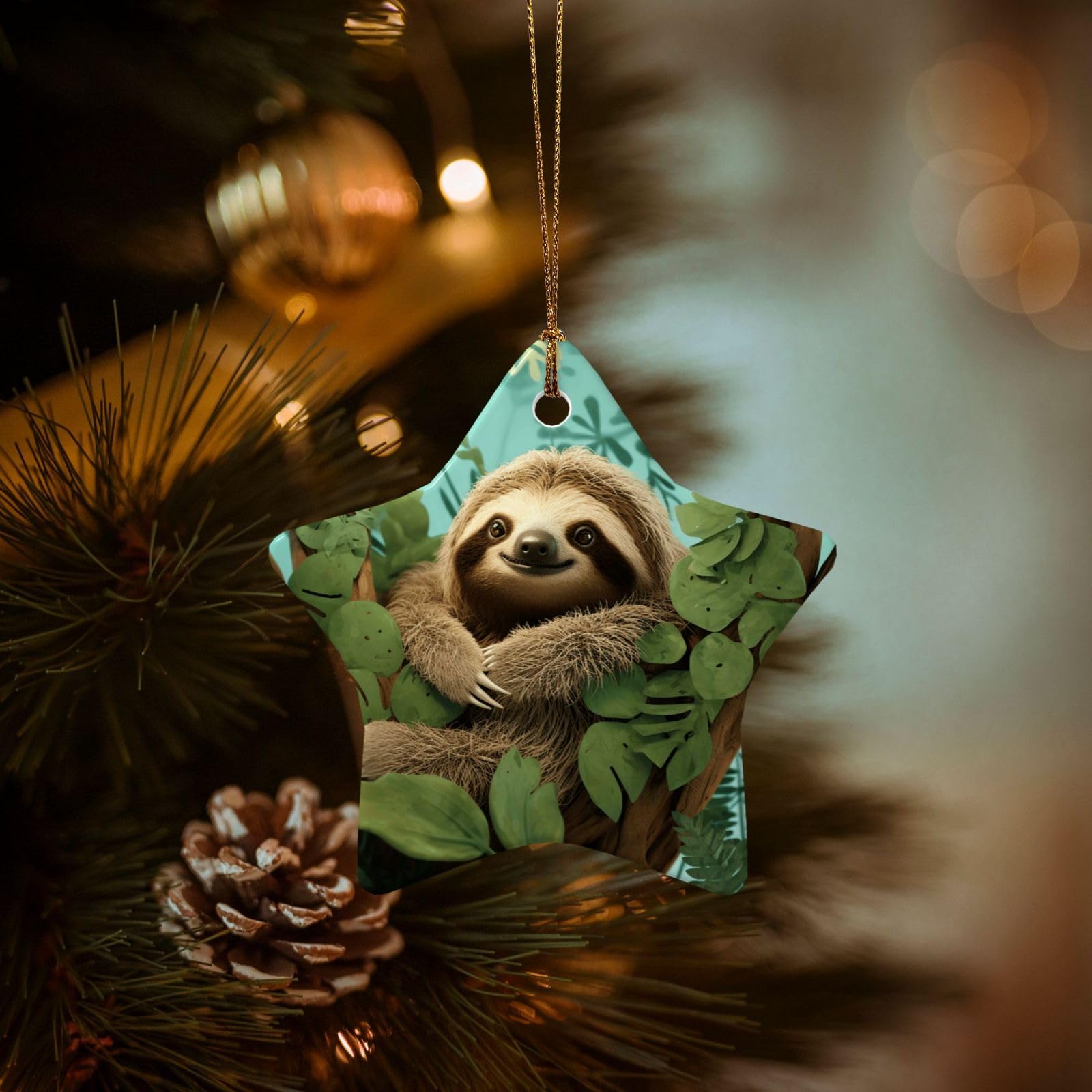 Christmas Ornaments for Christmas Tree Decoration Hanging Hug Tree Sloth Ornament with Gold Ribbon Crafts Star Shape Ceramic Pendant for Keepsake Gifts Xmas Decor Party Supplies