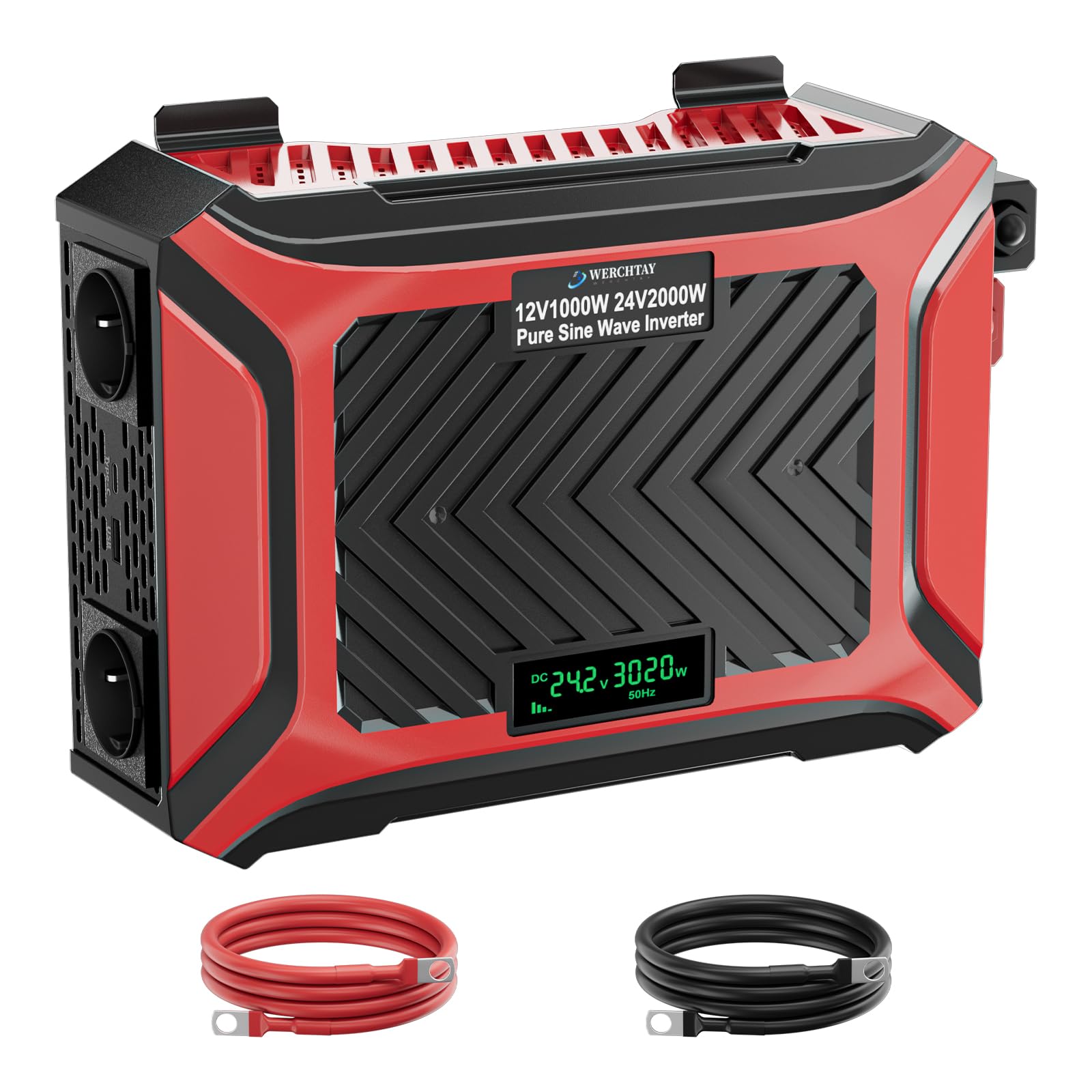 1000W/2000W Reiner Sinus Wechselrichter für 12V & 24V auf 230V, Spitzenleistung 2400W/4600W, Spannungswandler mit LCD Display, Intelligente Schutzfunktionen, 2 EU Steckdosen