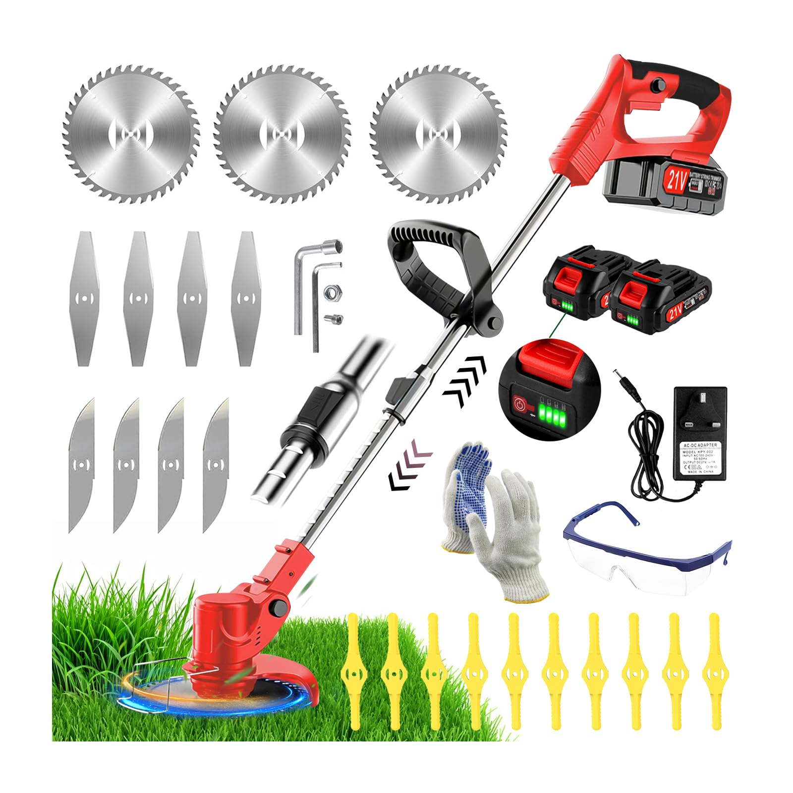 Cordless Strimmer 21V Electric Grass Trimmer with 2x2.0Ah Battery Fast Charger Garden Trimmer with Metal Blades Lightweight Adjustable Handle Brush Cutter for Lawn Garden(Red)
