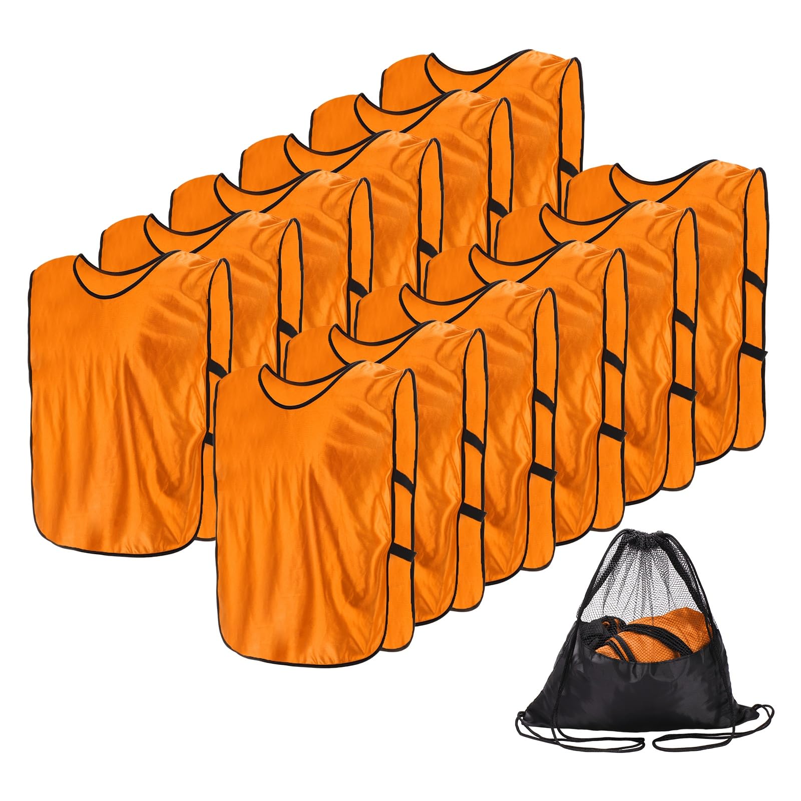YELARXI Soccer Pennies, Team Sport Practice Jersey, Soccer Pinnies Scrimmage Vest with Elastic Bands Drawstring Bag 22"x14.2" & 12 Pcs & Orange Red -Fitting for (Adult/Basketball/Sport)
