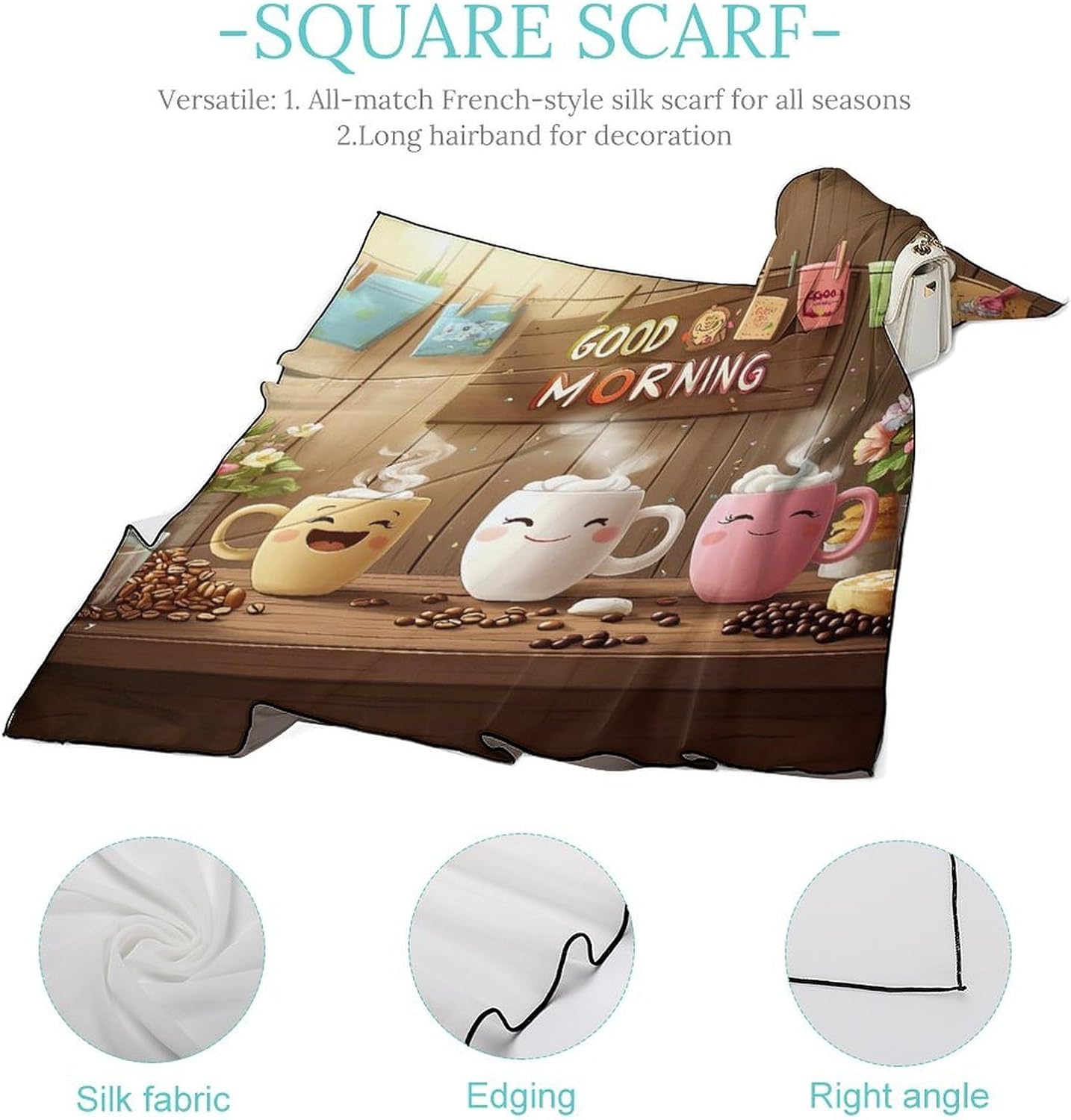 Coffee Cup Kitchen Bandana Fashion Head Scarf Square Silk Scarf Print Neck Hair Scarfs for Women Men Gifts