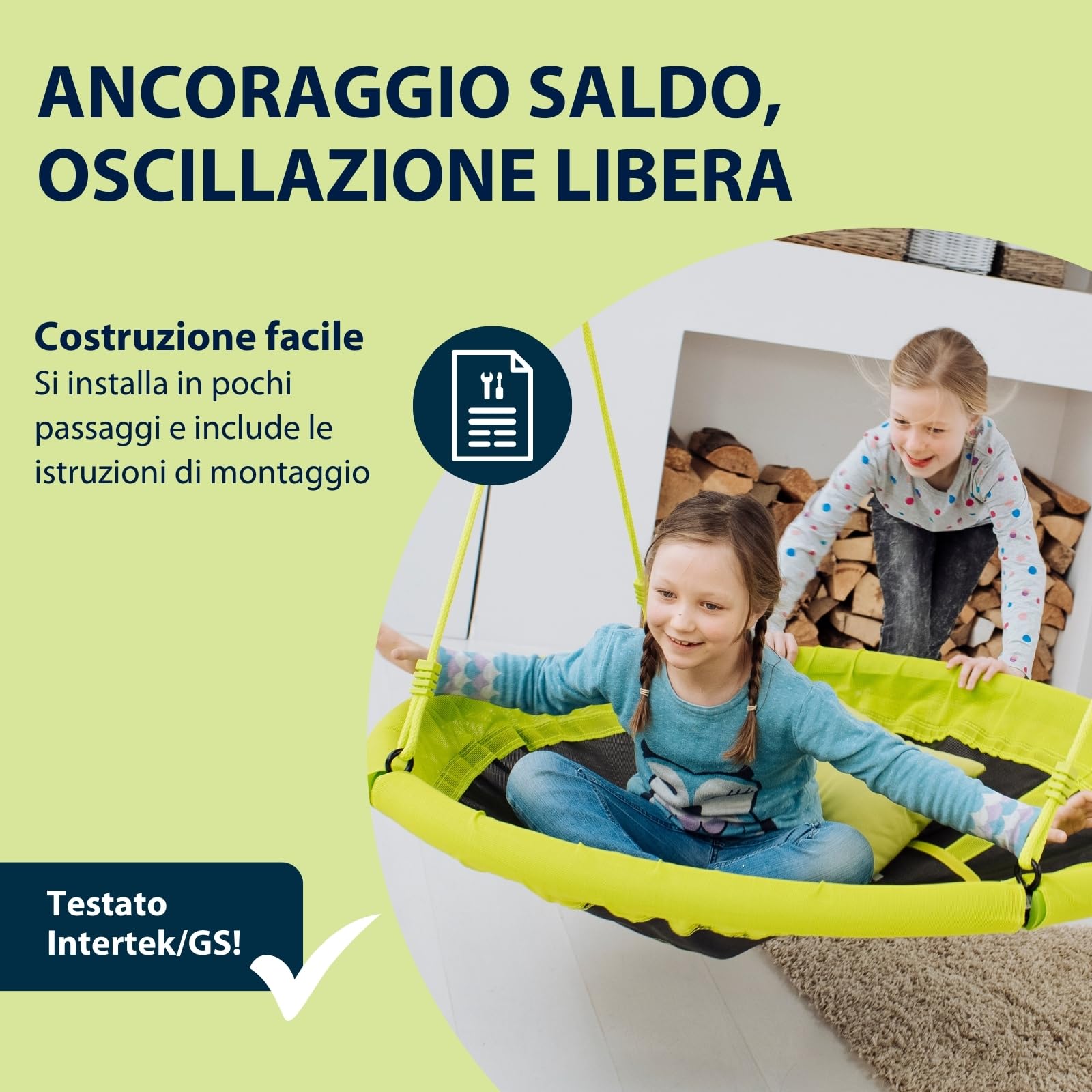 HUDORA Altalena a nido 110 - altalena in plastica verde/arancione fino a 100kg - altalena con diametro di 110cm per interni ed esterni - Altalena familiare regolabile per bambini e adulti