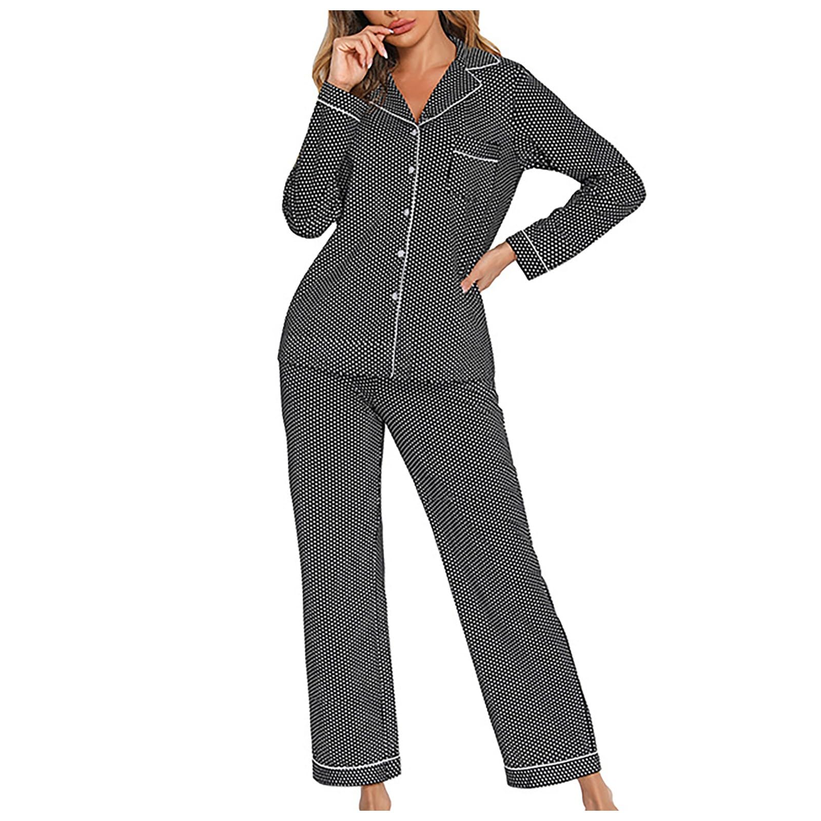 Genérico Pijama Mujer Largo - Pijama de Mujer de Manga Larga Ropa de Dormir Suave con Botones Conjunto de Ropa de Dormir