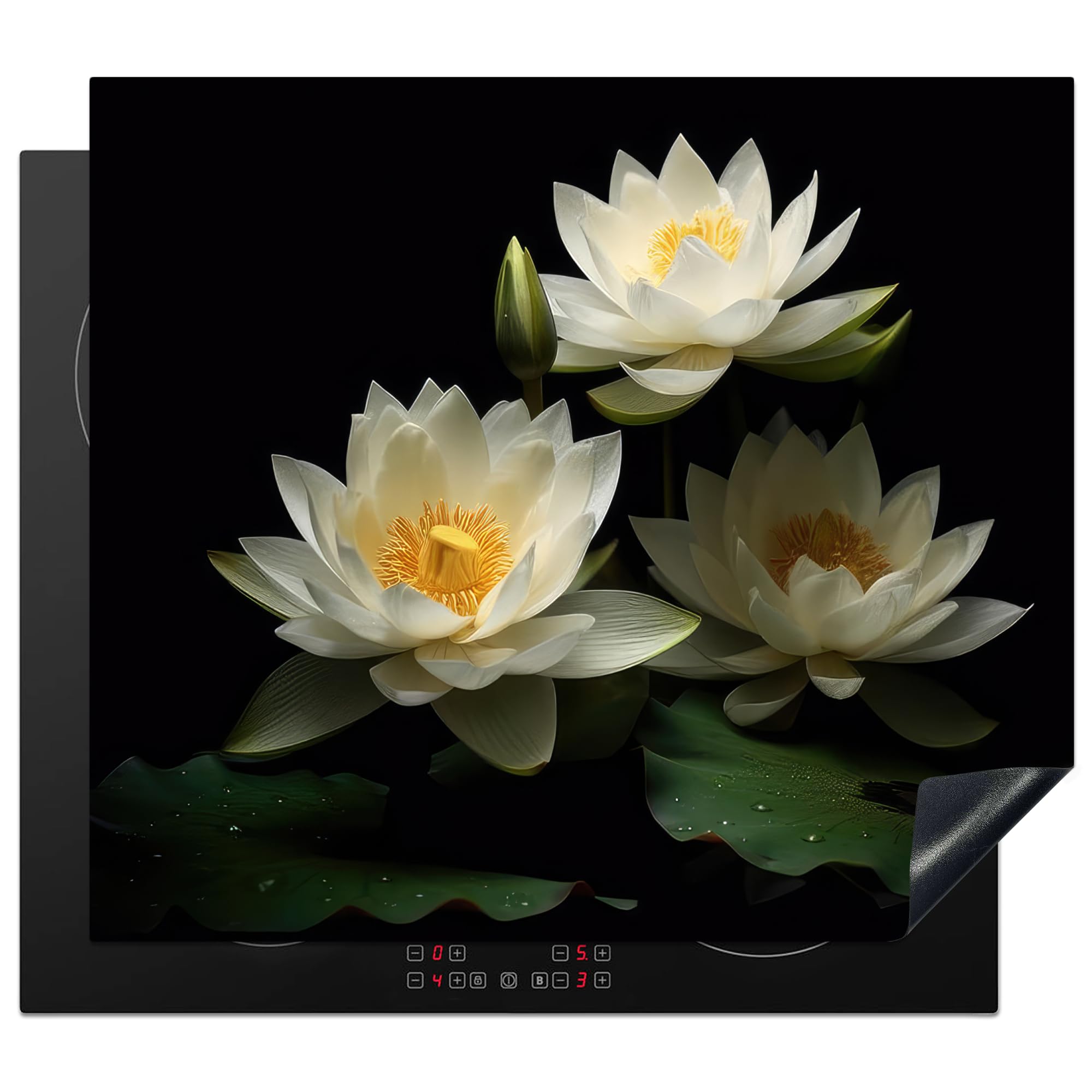 KitchenYeah© Cubre Vitrocerámica - Protector Vitroceramica Induccion 60x52 cm - Tapa Vitroceramica - Protector de Vitroceramica Loto - Flores - Blanco - Naturaleza - Negro