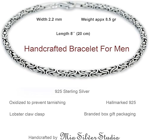 Miniatura 7 de Pulsera bizantina de plata de ley 925 para hombres y mujeres, pulsera de cadena de mano de eslabones oxidados que no se deslustra, 0.087 in, 8