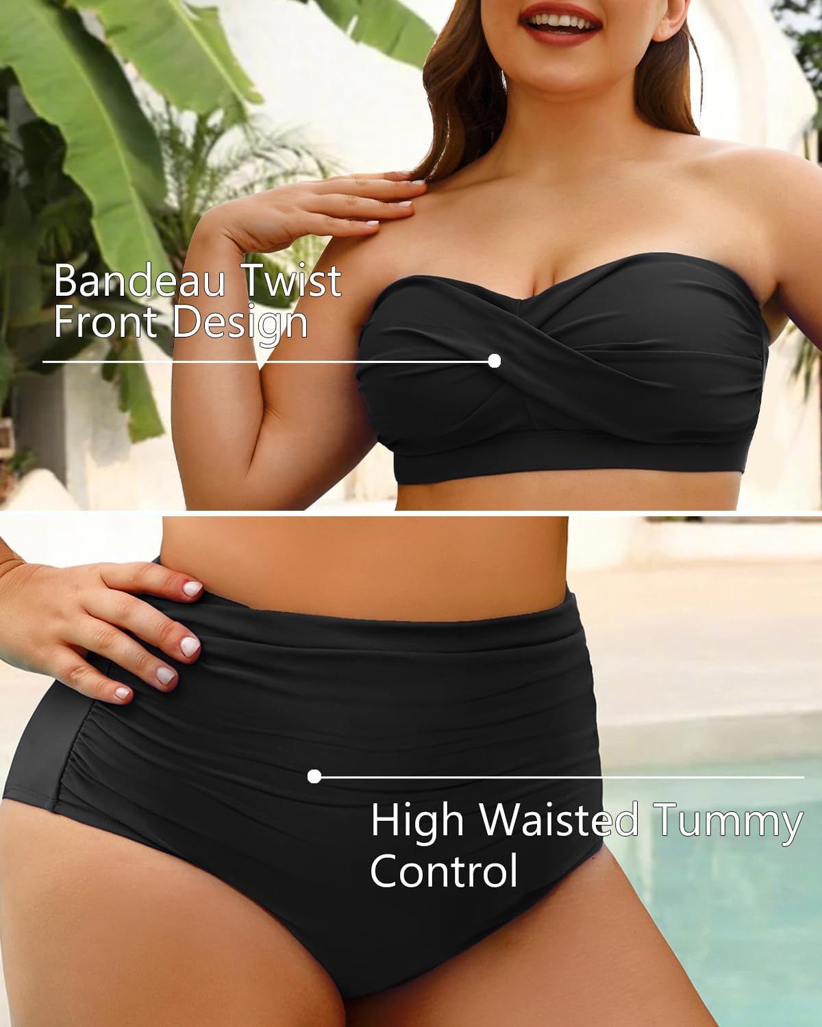 Yonique Women Plus Size Two Piece Swimsuits High Waisted Bathing Suits Bandeau Bikini Tummy Control Swimwear - Image 4