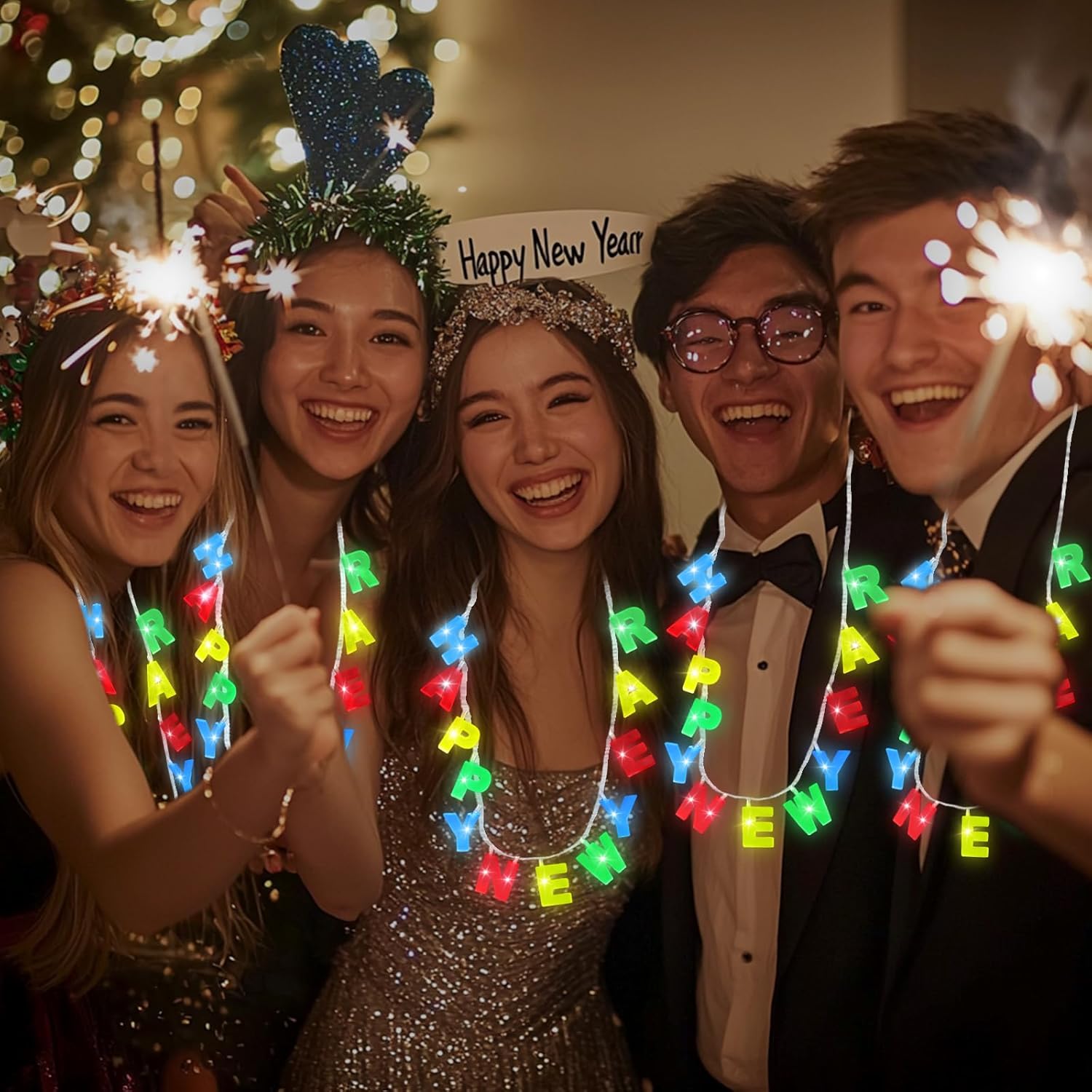 3 Pack Light Up Happy New Years Necklaces New Years Eve Party Supplies for Adult, Colorful Nye Necklaces with 14 Leds 3 Modes Glow In the Dark Party Accessories New Years Birthday Party Favors