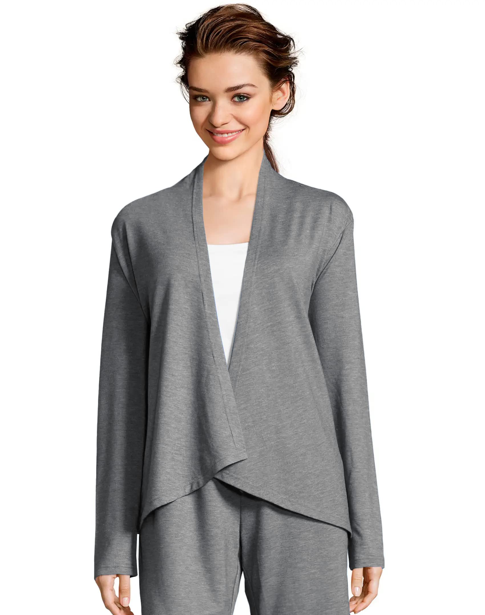 HanesWomen's Casual Lightweight Open Front Long Sleeve Lounge Wrap (Heathered Steel Grey, X-Large)