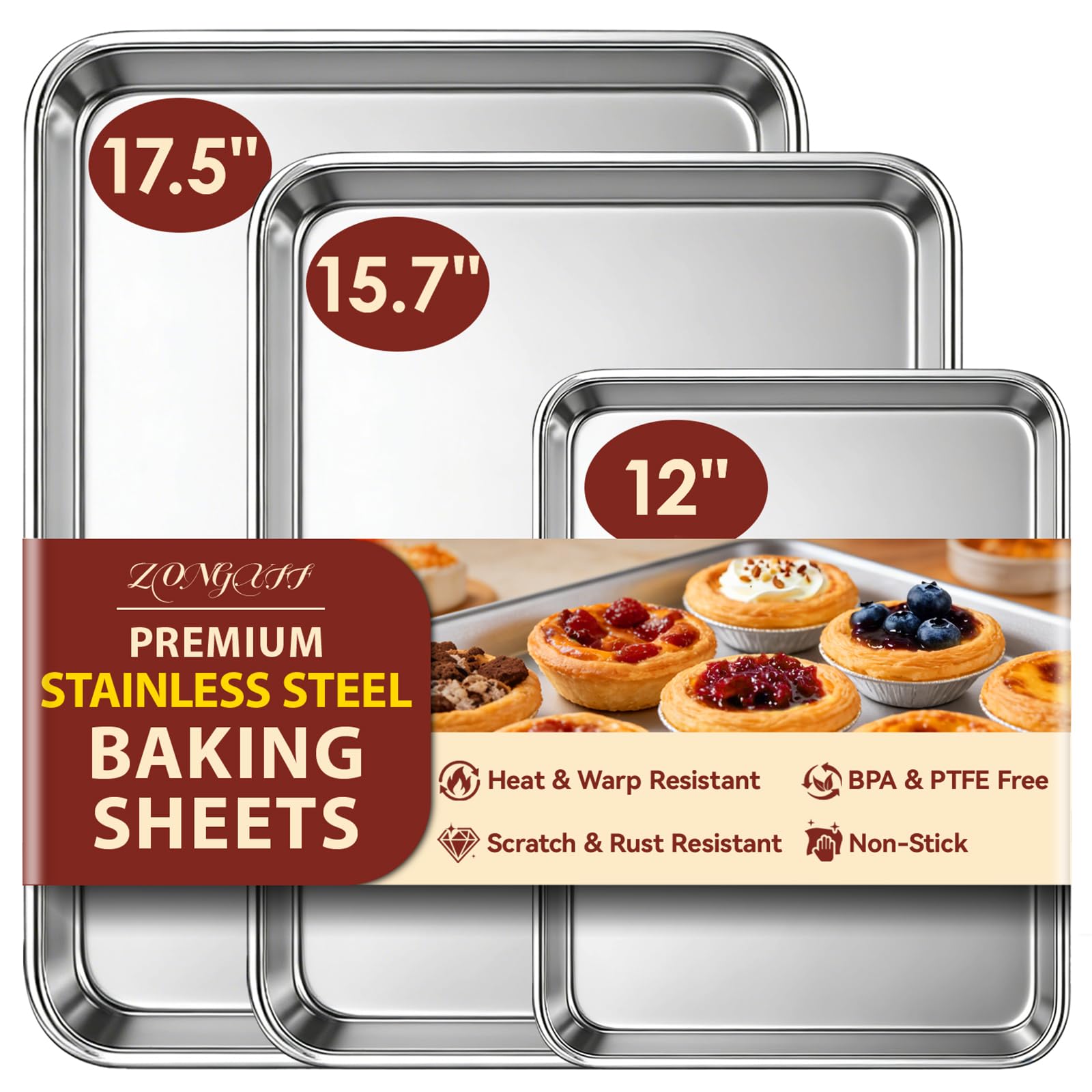 Baking Sheet Set of 3: Stainless Steel Cookie Sheets for Baking