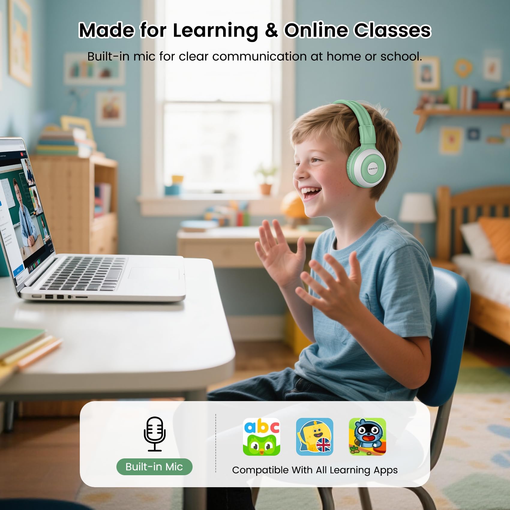 SIMOLIO Confezione da 2 cuffie Bluetooth per bambini per l'ascolto di gruppo, compatibili con qualsiasi dispositivo Bluetooth singolo per viaggi scolastici in famiglia, film e musica, microfono