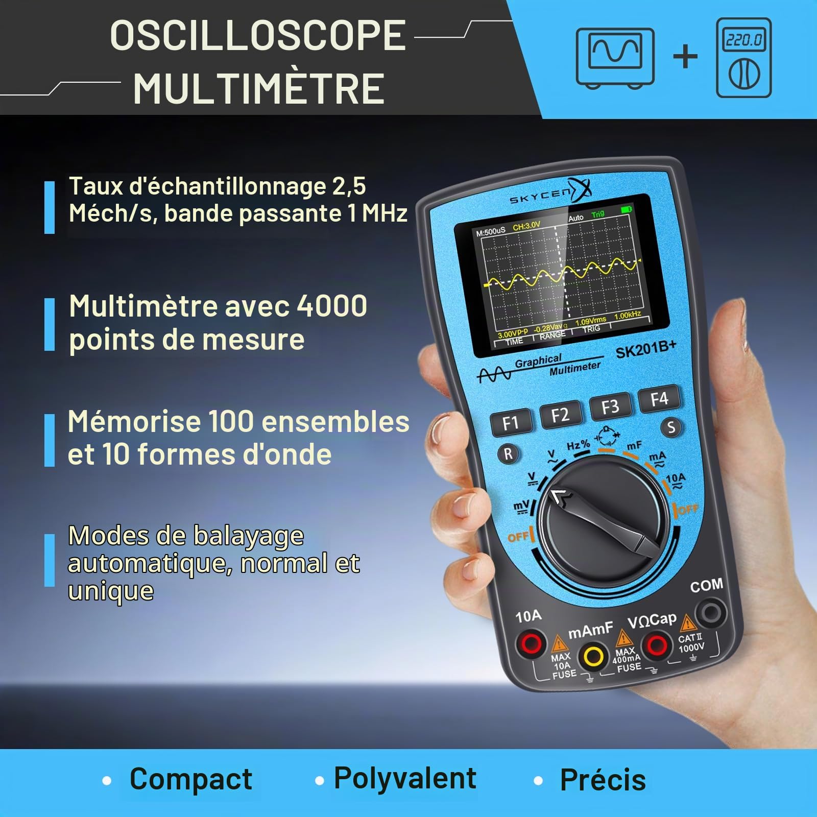 IN201B+ Oscilloscope numérique graphique intelligent Multimètre 2 en 1 avec écran couleur de 2,4 pouces Largeur de bande de 1MHz Taux d'échantillonnage de 2,5Msps pour le bricolage et les tests électr