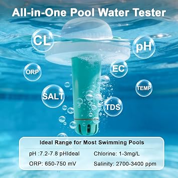 kactoily Ultra 7-in-1 Smart Pool Monitor, 24/7 WiFi Rechargeable Pool Chemical Monitor, Real-Time pH Chlorine Salinity ORP EC TDS Temp Water Tester for Saltwater Freshwater Pools, Hot Tubs, Spas