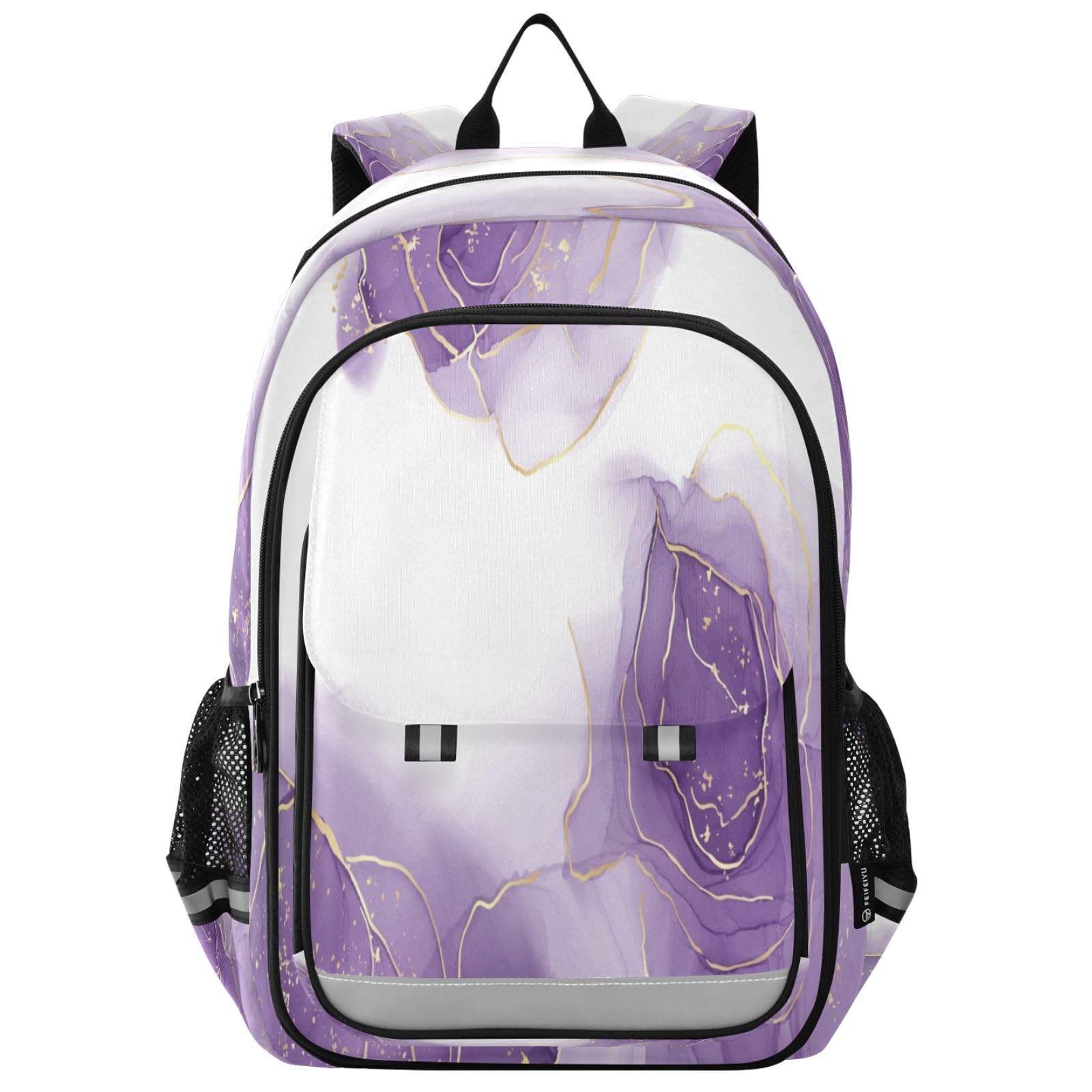 Zaino per computer portatile per bambini con glitter dorato viola marmo scuola media casual zaino quotidiano borsa per laptop da viaggio, B537