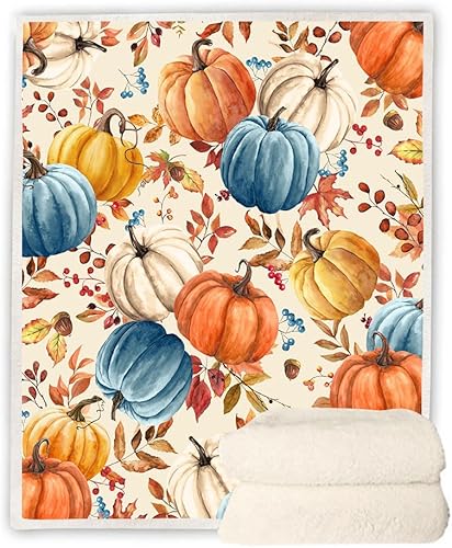 Miniatura 7 de Manta de calabazas de otoño, naranja, blanco, azul, calabazas, hojas y bayas, suave y cálida manta de forro polar para sala de estar, sofá, cama,