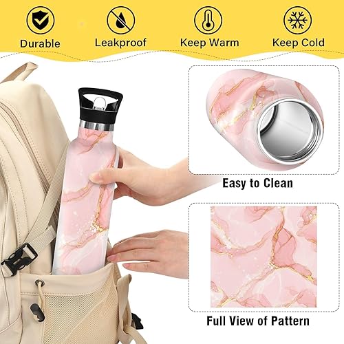 Miniatura 4 de Kids Water Bottle with Straw for School Leakproof Kids Insulated Water Bottle 20oz, BPA-Free, Marble Golden Veins