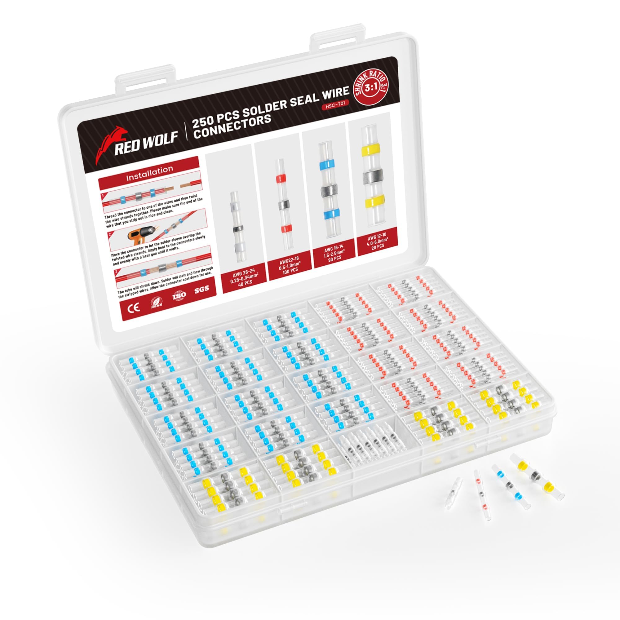 RED WOLF Lötverbinder Schrumpfverbinder 250 Stück Schrumpfschweißen Stoßverbinder Für Automotive Marine Home Wasserdicht Geschweißte Connector Kit Solder Seal Wire Connectors