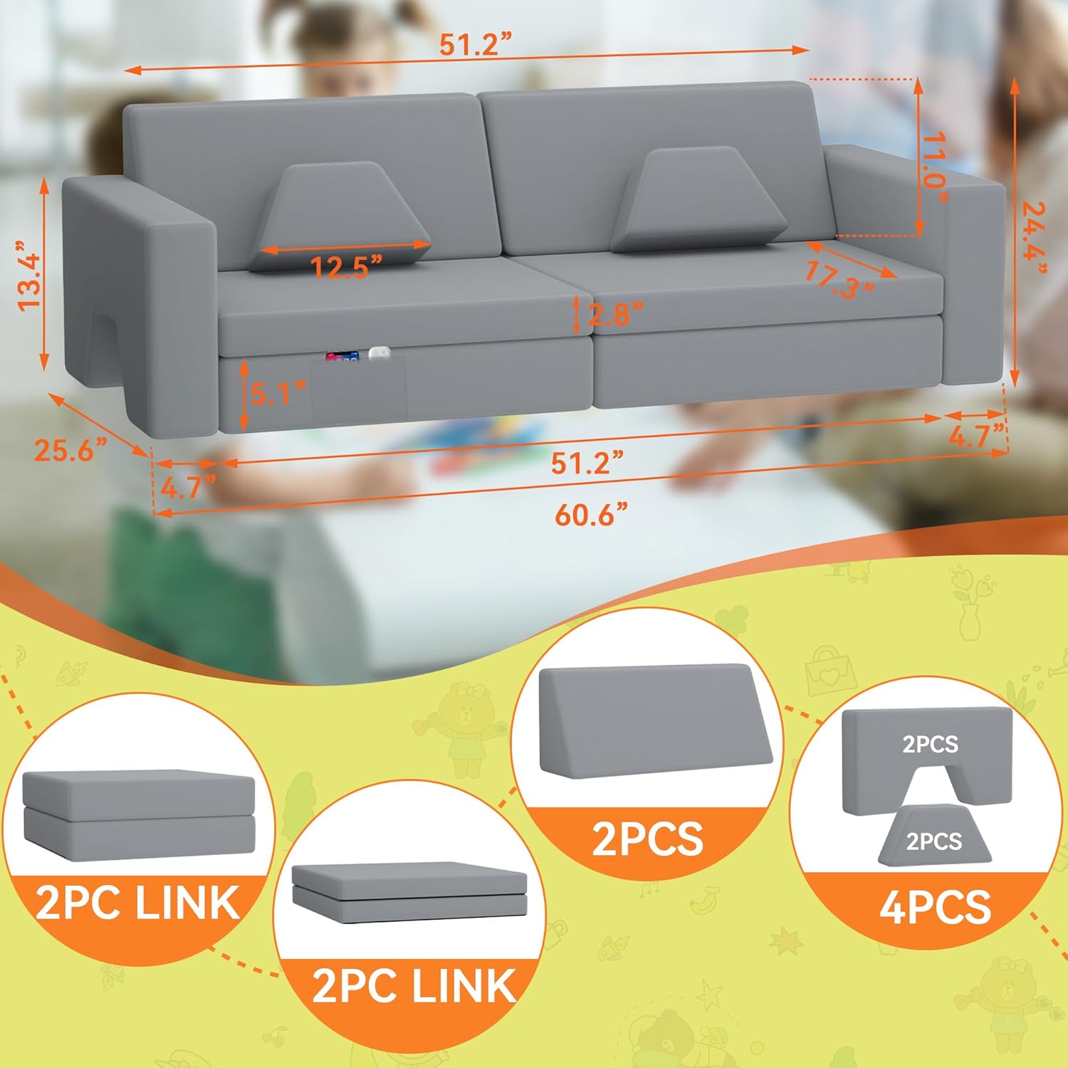 Modular Kids Play Couch 10PCS,Modular Sofa for Toddler and Baby,Kids Couch Building Fort,Multifunctional Foam Play Sofa for Playroom,Innovative