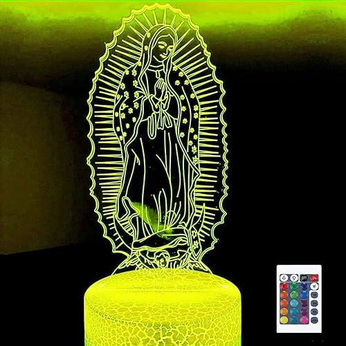 3D Virgen María Control Remoto Luces Nocturnas de 16 Colores Ilusión Acrílico LED Lámpara de Mesita de Noche Dormitorio Decoración de Escritorio