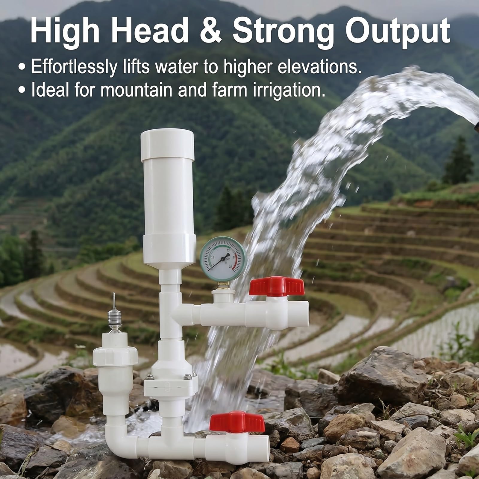 Hydraulische Rammwasserpumpe, netzunabhängige wasserbetriebene Pumpe für die Bergbewässerung, kein Strom oder Kraftstoff erforderlich, auto Hammerpumpen mit hohem Hub(Inlet 1'' Outlet 3/4'')