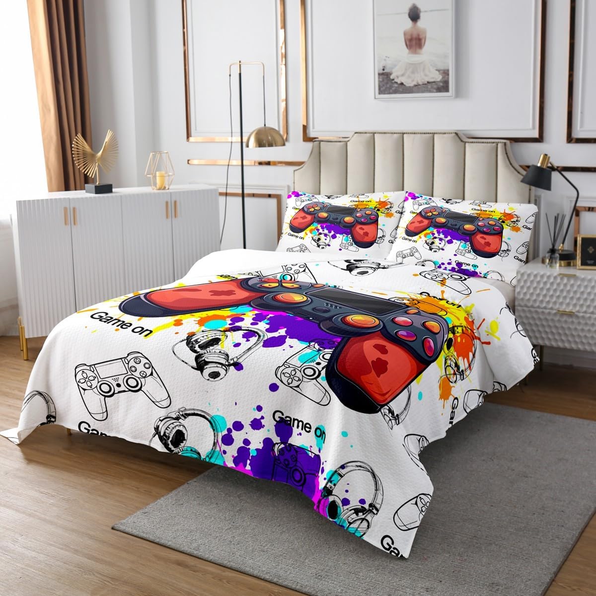 Homewish Cartoon Gamepad Bedspread Twin Size,Colorful Graffiti Gamepad Bedding Set 2Pcs,Video Games Comforter Set for Kids Boys Girls Teens Room Decor,Fashion Gamer Quilt Coverlet,1 Pillowcase