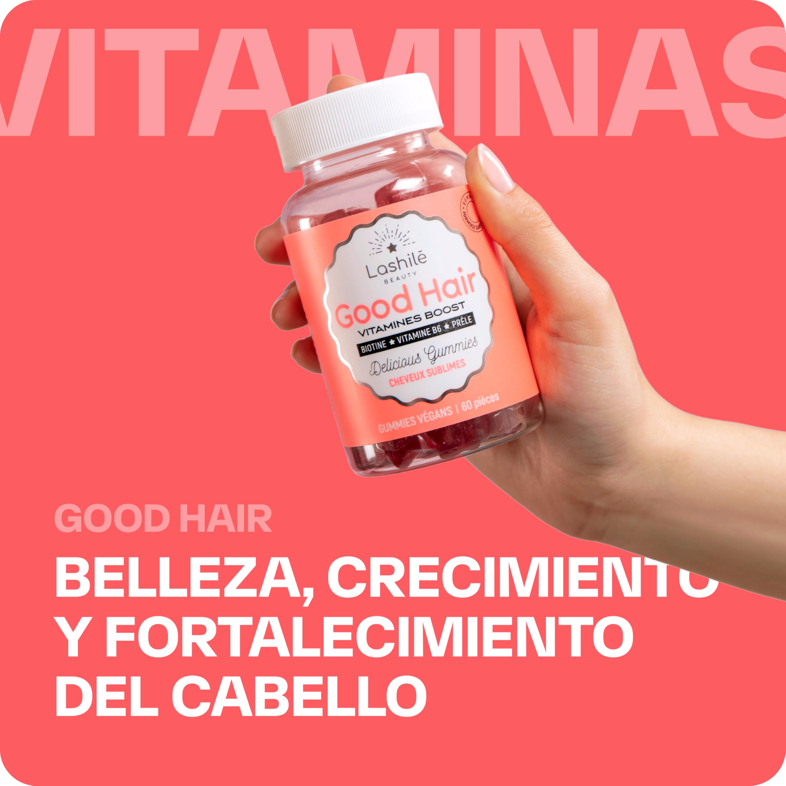 Lashilé Beauty - Complementos Alimenticios - Crecimiento acelerado, crecimiento y fortalecimiento del cabello - Good Hair - Fabricado en Francia - Biotina, Zinc, Vitamina B8, C, B6-60 Gummies