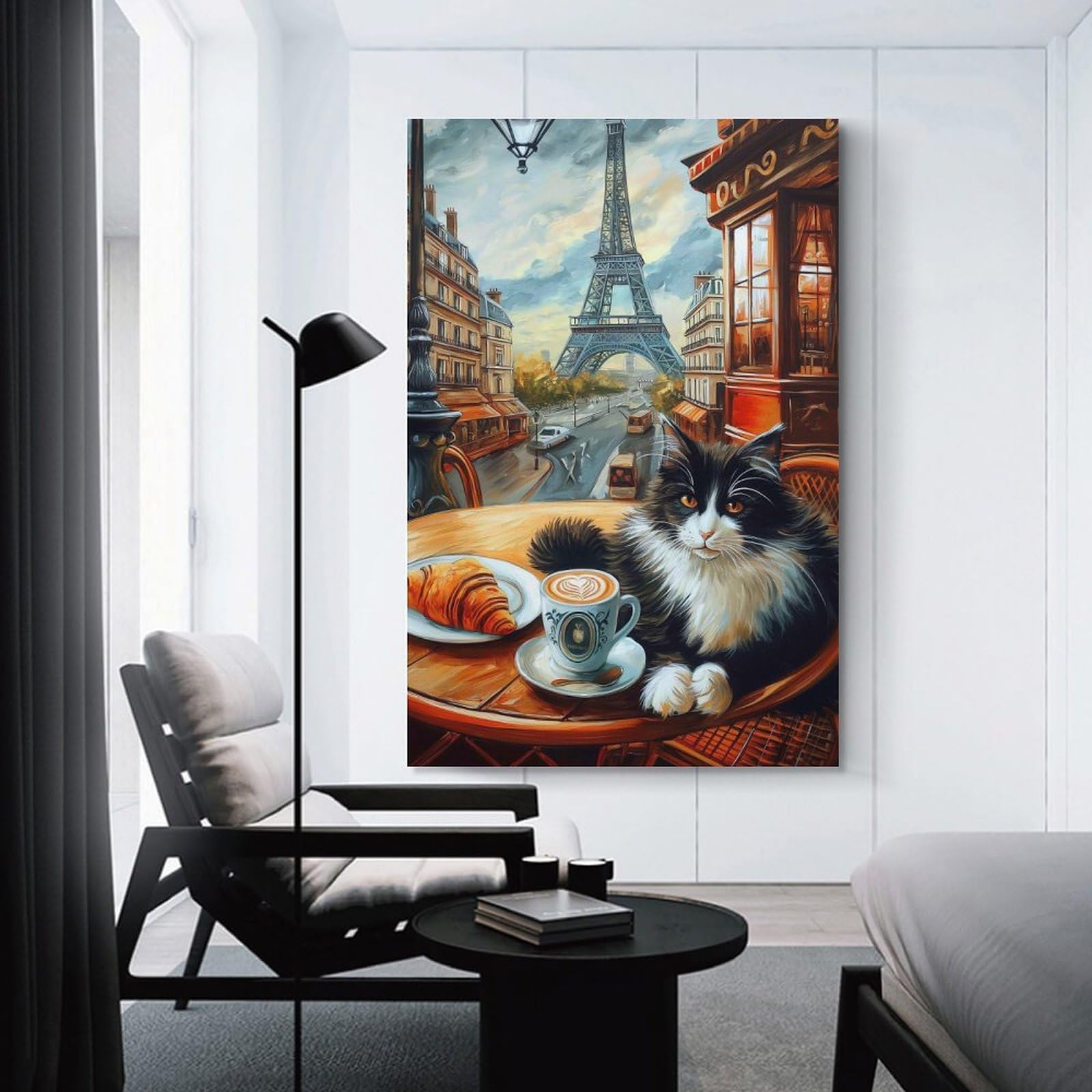 Junmoney Wall Art Print Parisian Cat Cafe, 20x30inch(50x75cm), for Living Room, Bedroom Or Home Office, Thoughtful Wall Decor for Art Lovers