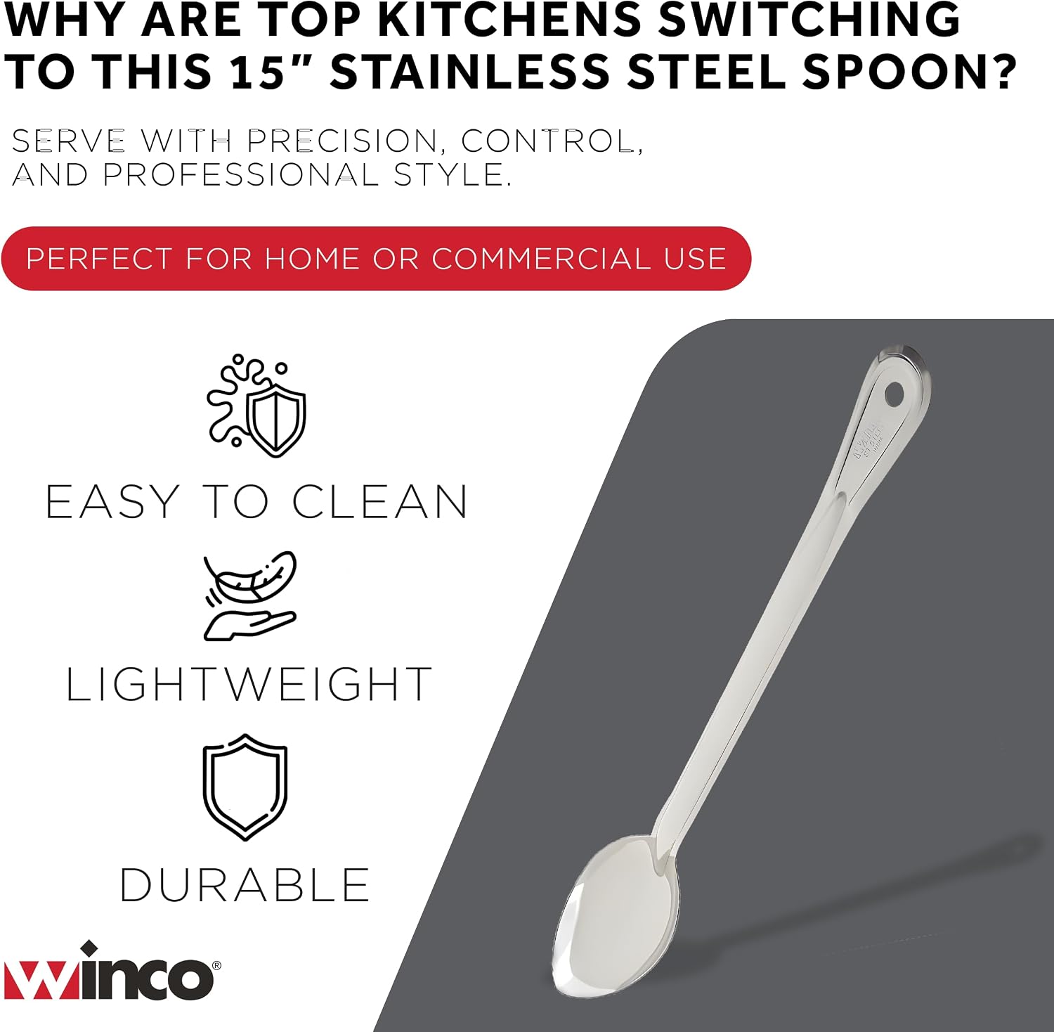 Winco 15" Stainless Steel Basting Solid Spoon