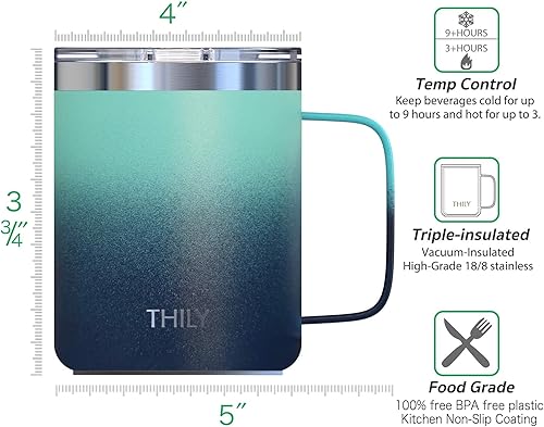 Miniatura 9 de THILY Taza de viaje aislada de acero inoxidable de 12 onzas con asa, tapa a prueba de derrames, mantiene el café frío o horas calientes, rosa y verde